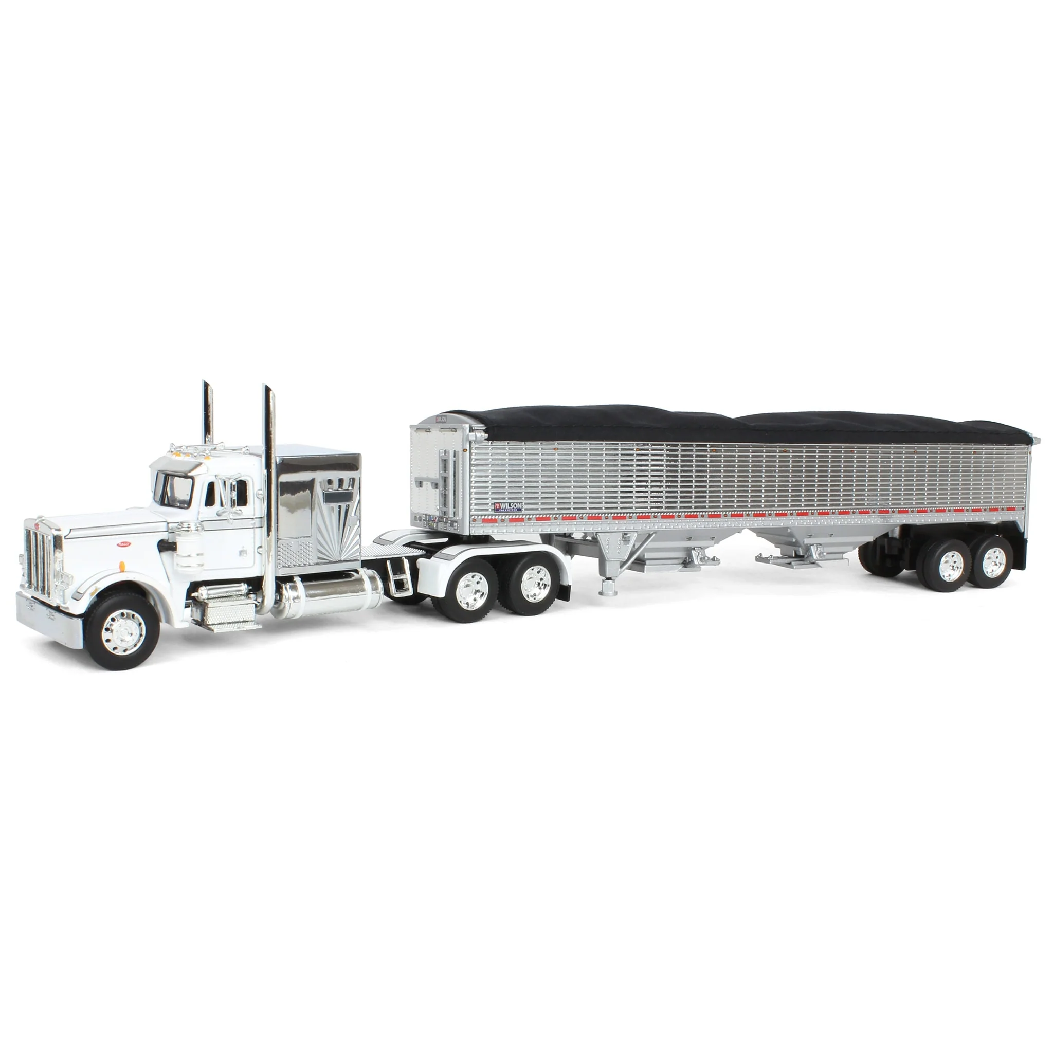 1/64 White/Chrome Peterbilt 359 Semi Truck with 60in Vintage Sleeper & Wilson High Side Grain Trailer, DCP by First Gear
