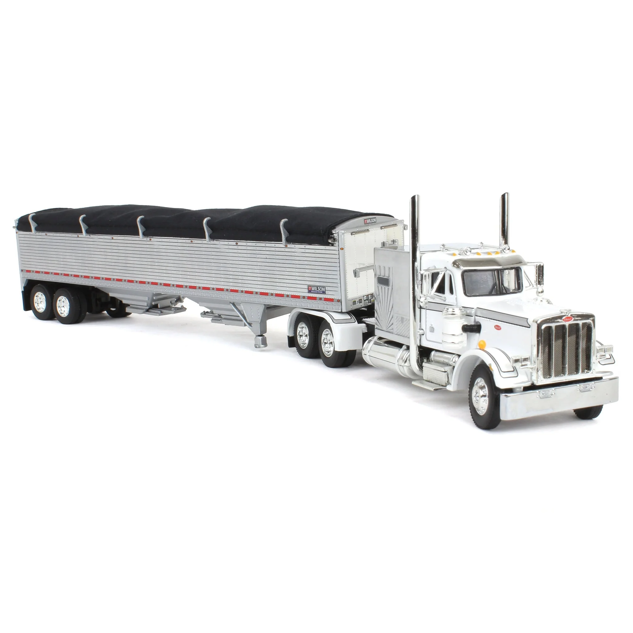 1/64 White/Chrome Peterbilt 359 Semi Truck with 60in Vintage Sleeper & Wilson High Side Grain Trailer, DCP by First Gear - Image 2