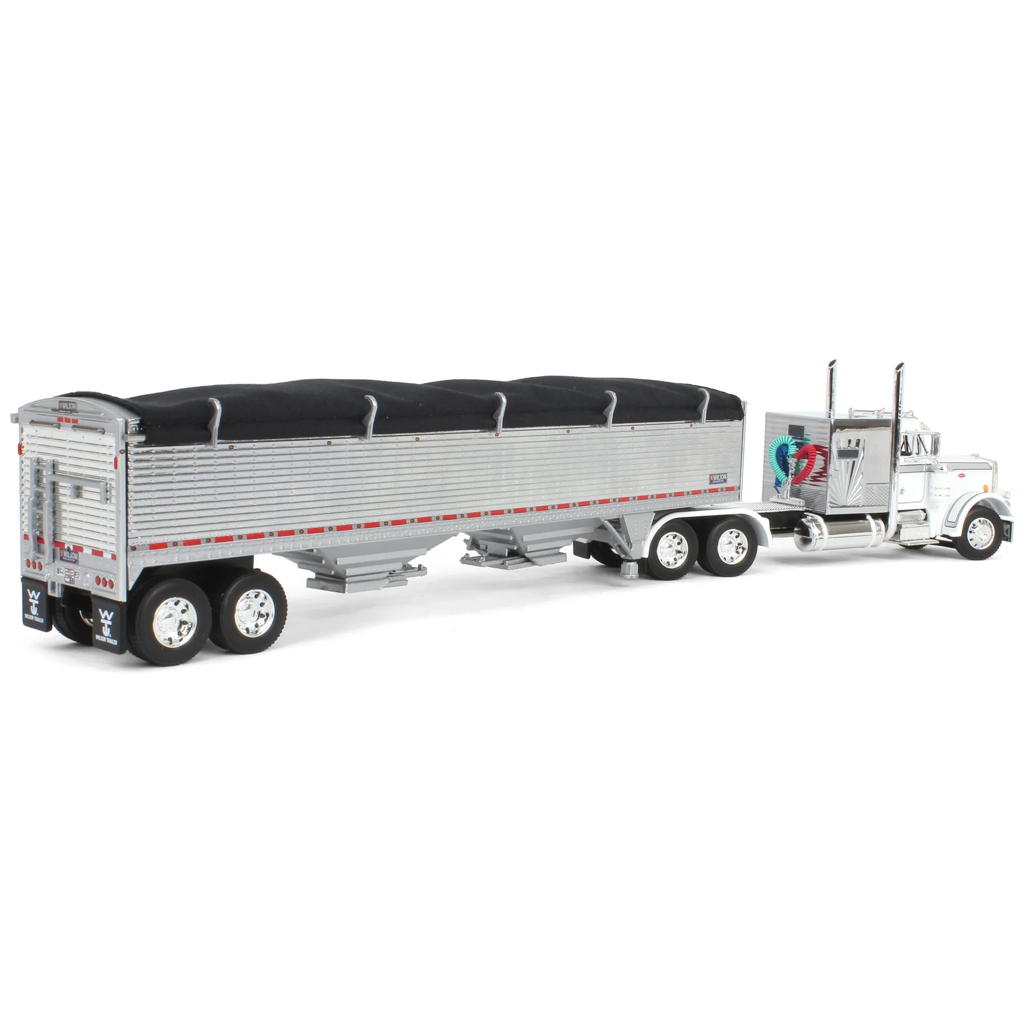1/64 White/Chrome Peterbilt 359 Semi Truck with 60in Vintage Sleeper & Wilson High Side Grain Trailer, DCP by First Gear - Image 3