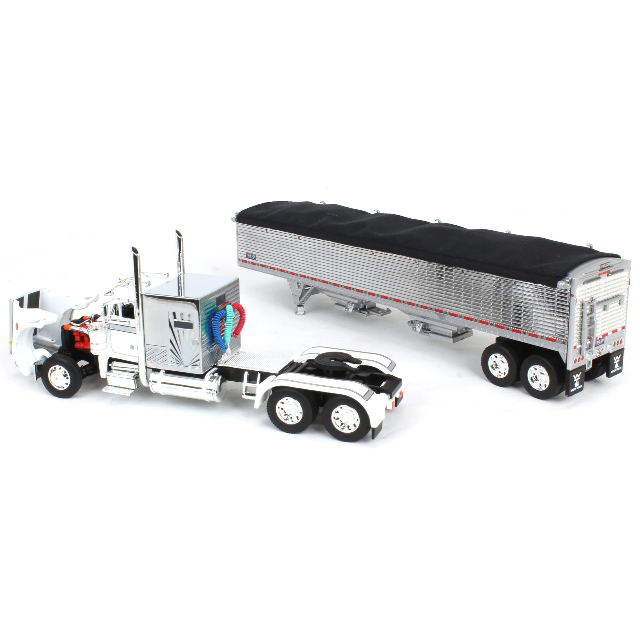 1/64 White/Chrome Peterbilt 359 Semi Truck with 60in Vintage Sleeper & Wilson High Side Grain Trailer, DCP by First Gear - Image 4