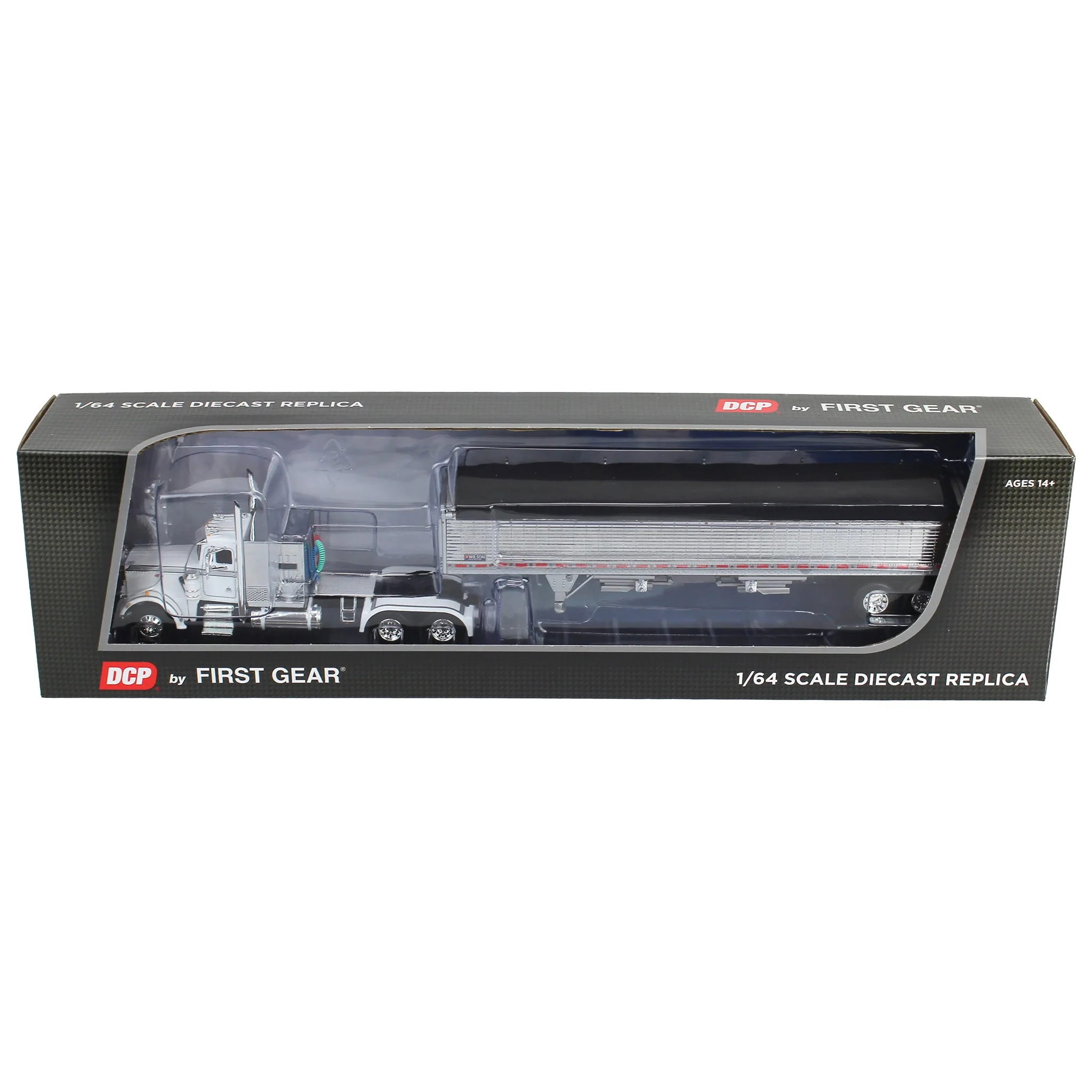1/64 White/Chrome Peterbilt 359 Semi Truck with 60in Vintage Sleeper & Wilson High Side Grain Trailer, DCP by First Gear - Image 5
