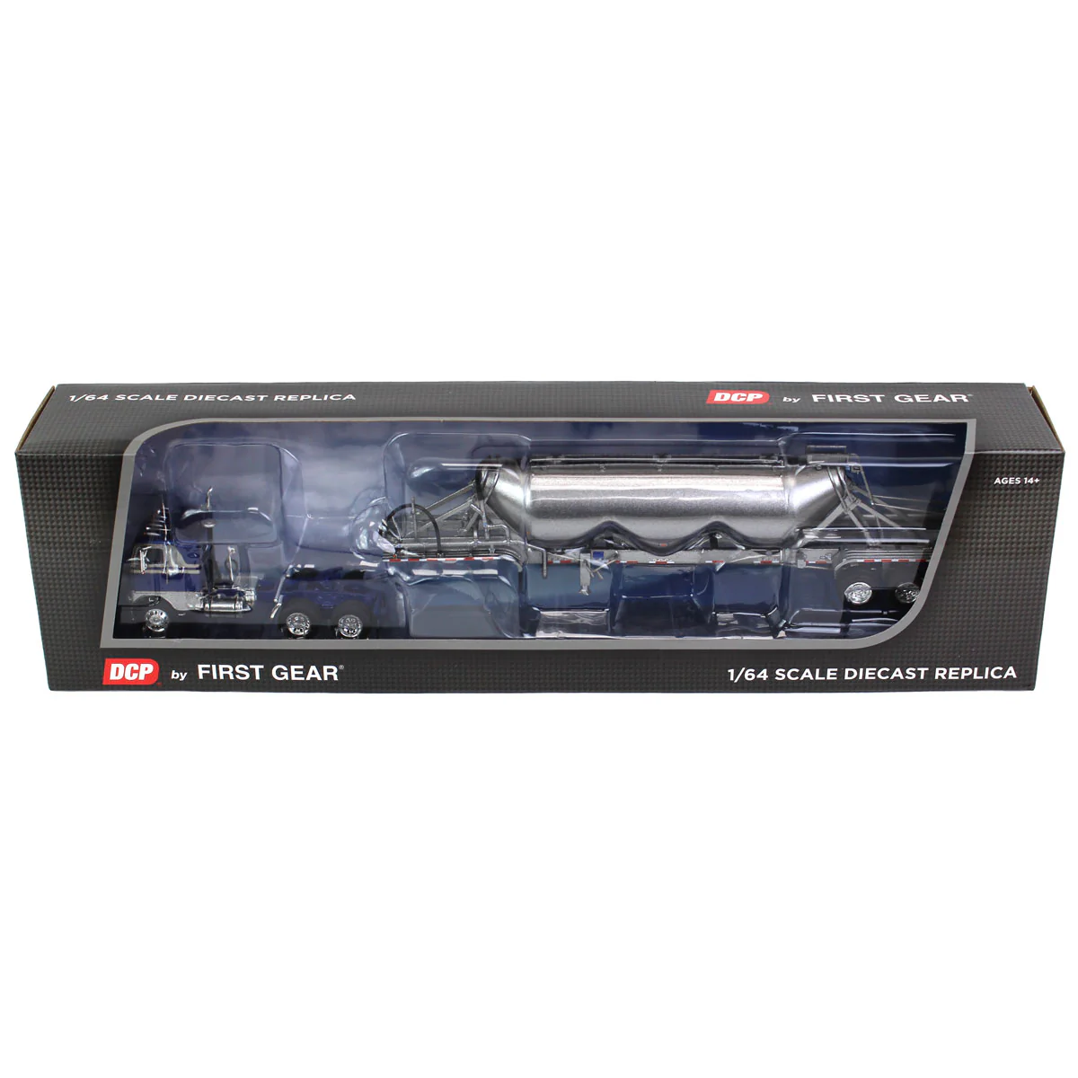 1/64 White-Freightliner Cabover Semi Truck with Tri-Axle Pneumatic Tanker, Gray & Blue, DCP by First Gear - Image 5