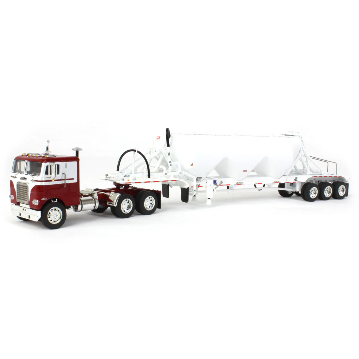 1/64 White-Freightliner Cabover Semi Truck with Tri-Axle Pneumatic Tanker, White & Maroon, DCP by First Gear