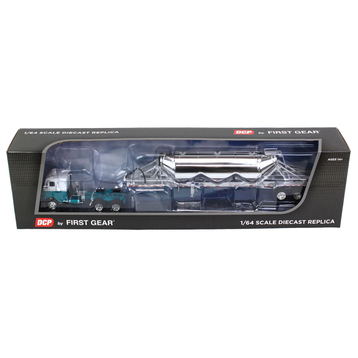 1/64 White-Freightliner Cabover Semi Truck with Tri-Axle Pneumatic Tanker, White & Blue, DCP by First Gear - Image 5