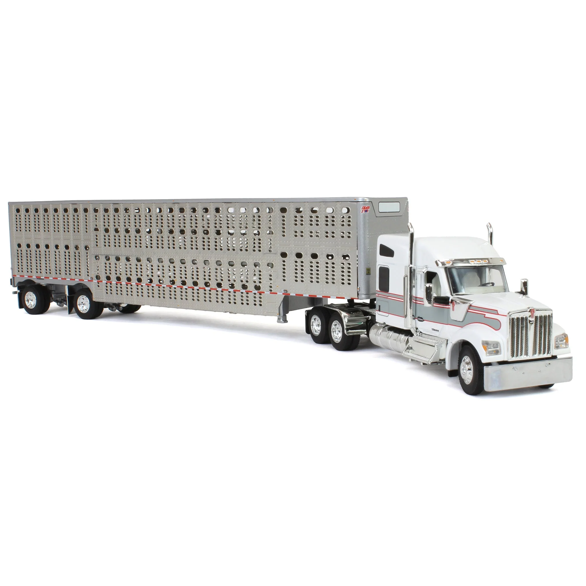 1/64 White & Gray Kenworth W990 with Wilson Silverstar Livestock Trailer, DCP by First Gear - Image 2