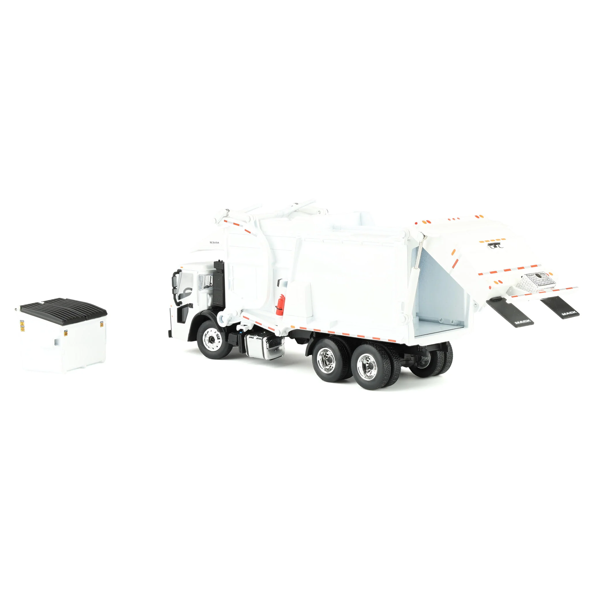 1/64 White Mack LR Truck with McNeilus Meridian FEL Refuse Body & Refuse Bin, DCP by First Gear - Image 4