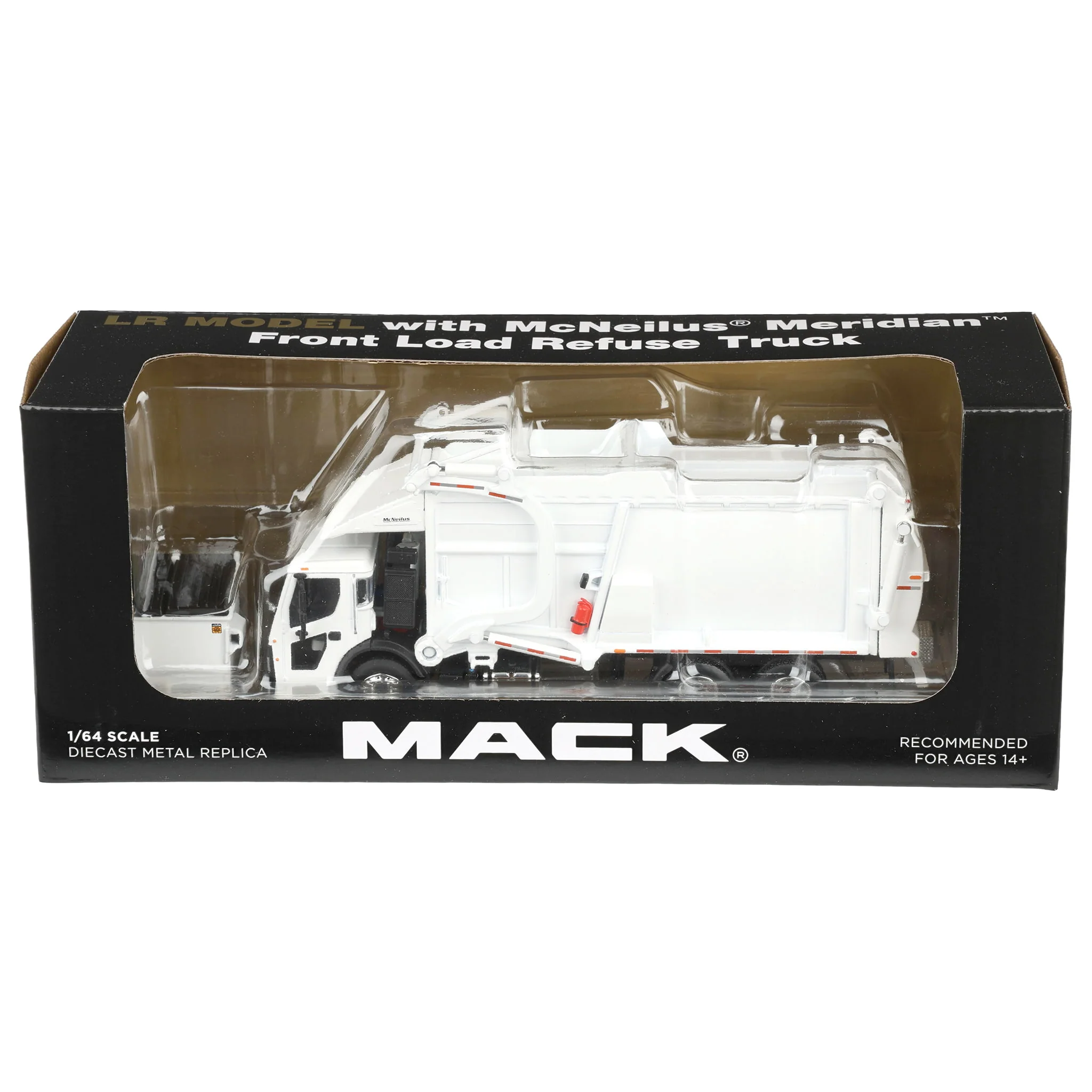 1/64 White Mack LR Truck with McNeilus Meridian FEL Refuse Body & Refuse Bin, DCP by First Gear - Image 6