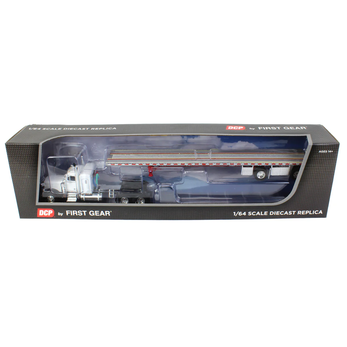 1/64 Peterbilt 379 Semi Truck with Wilson Spread-Axle Flatbed Trailer, White/Black/Red, DCP by First Gear - Image 2