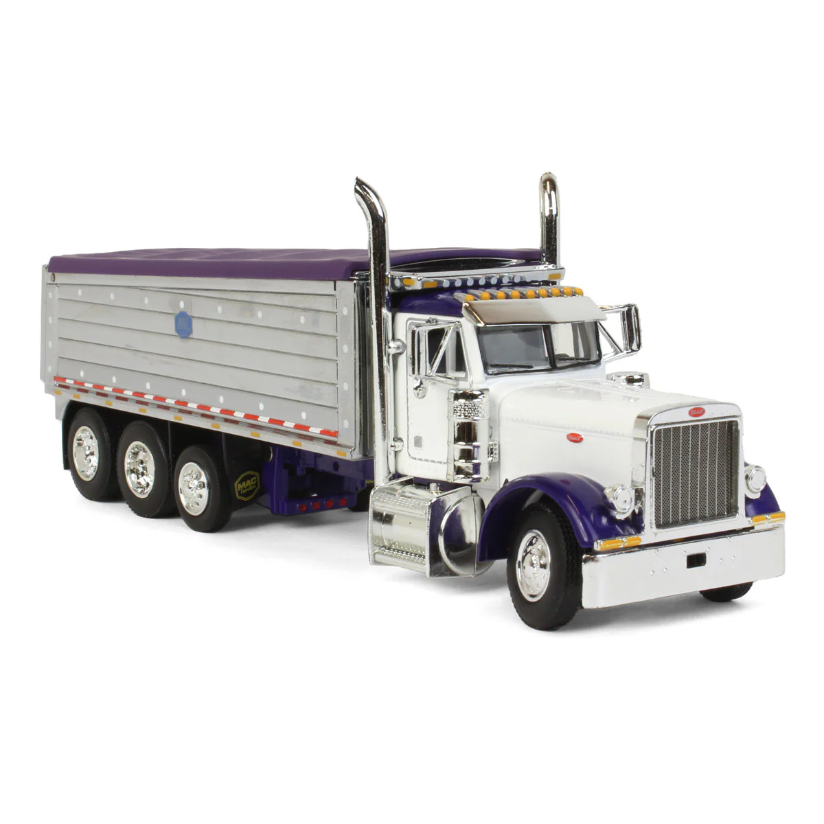 1/64 White/Purple Peterbilt 379 Semi Truck with Tri-axle Chrome MAC Dump Body, DCP by First Gear - Image 2