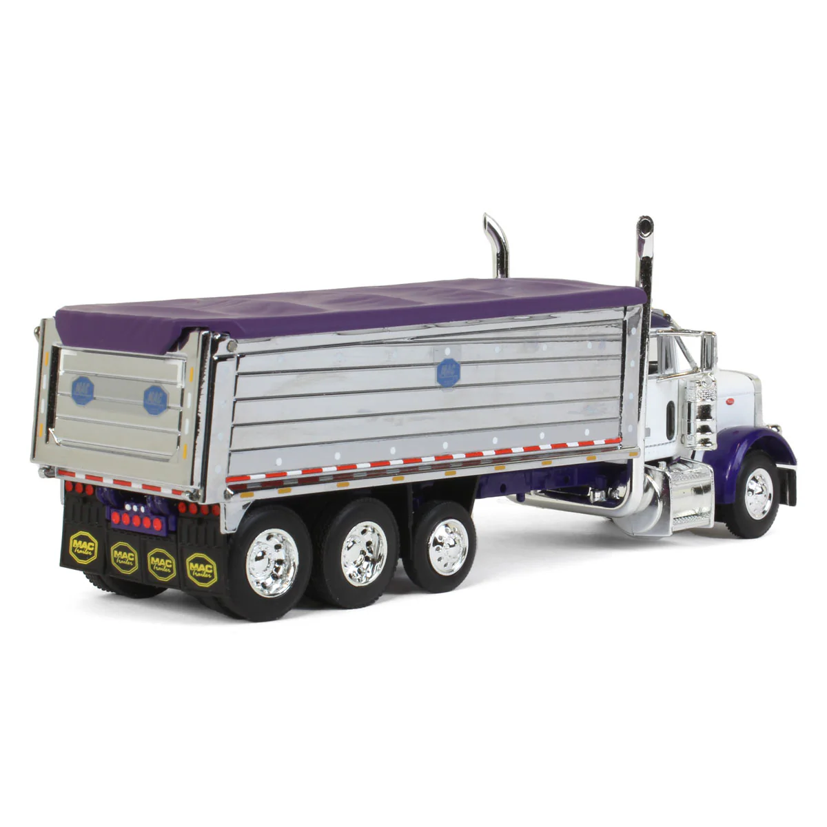 1/64 White/Purple Peterbilt 379 Semi Truck with Tri-axle Chrome MAC Dump Body, DCP by First Gear - Image 3
