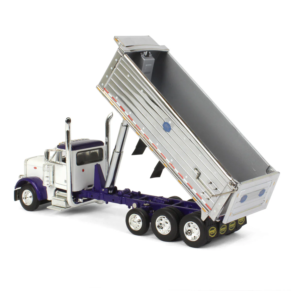 1/64 White/Purple Peterbilt 379 Semi Truck with Tri-axle Chrome MAC Dump Body, DCP by First Gear - Image 4