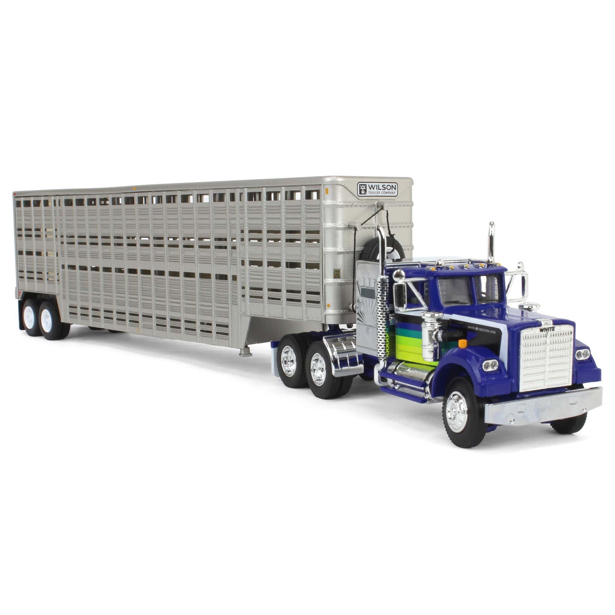 1/64 White Western Star 4900 with Vintage Wilson Livestock Trailer, DCP by First Gear - Image 2