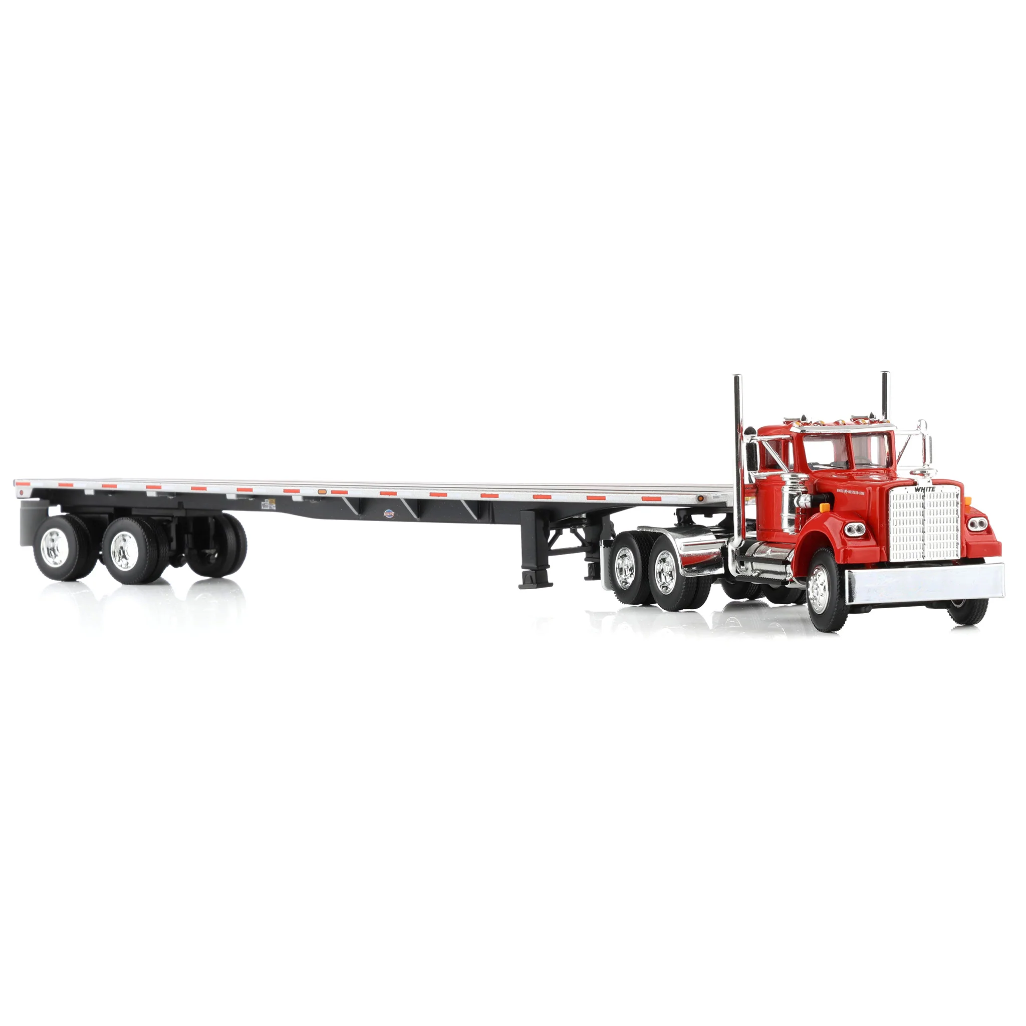 1/64 White Western Star Day Cab with 48ft Utility Flatbed Trailer, Viper Red, DCP by First Gear - Image 2