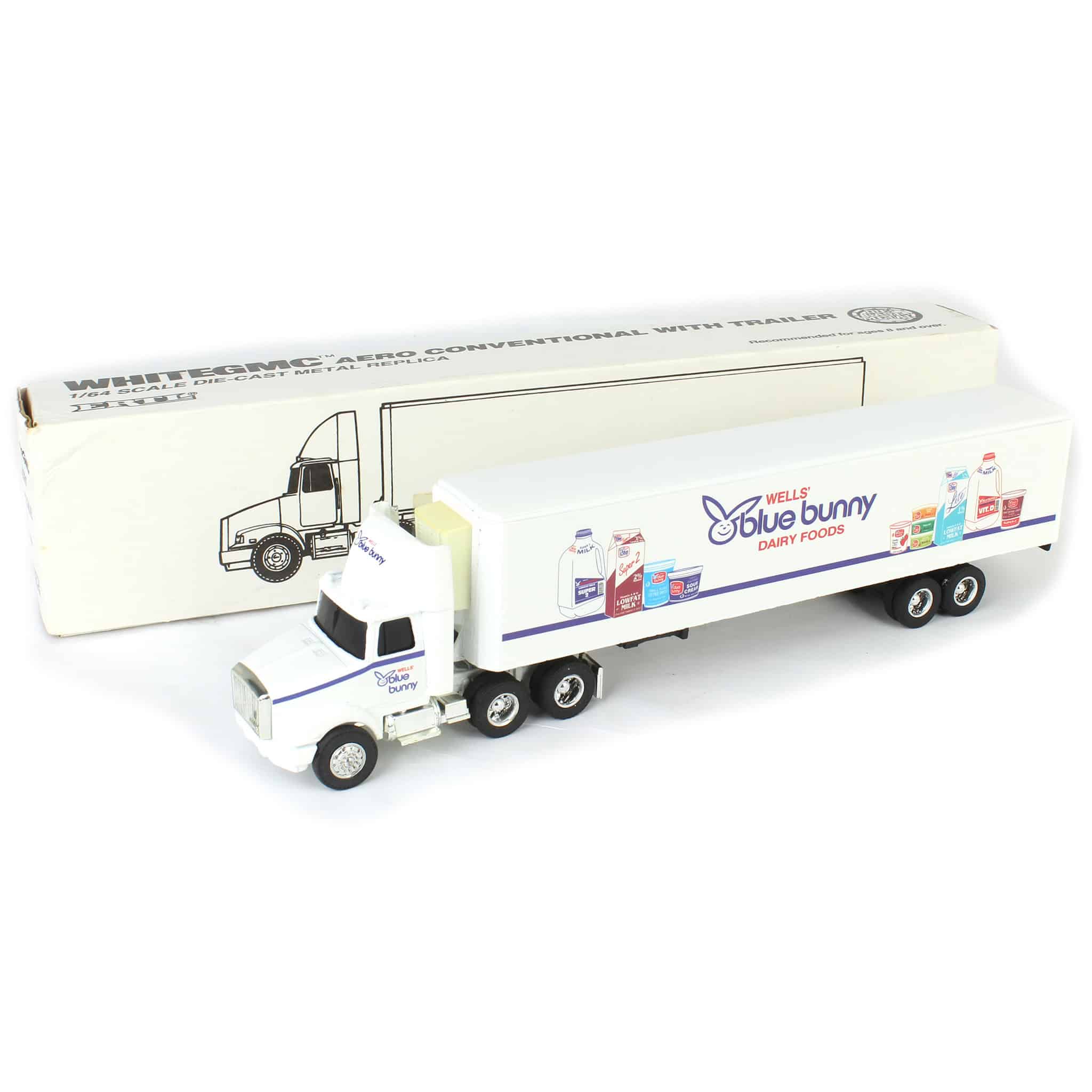 1/64 WhiteGMC Aero Conventional Semi with Wells Dairy Blue Bunny Trailer by ERTL