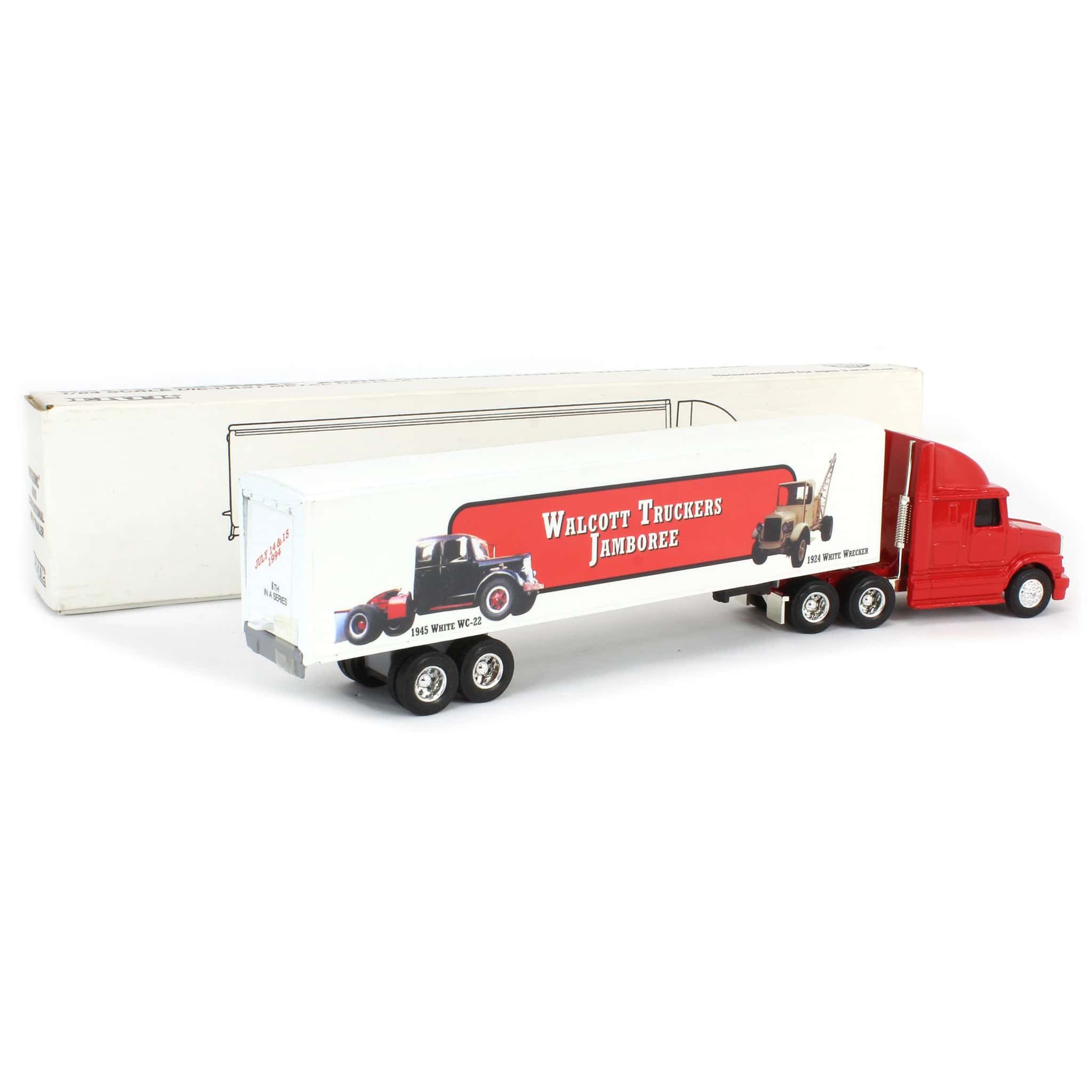 1/64 WhiteGMC Aero Intergal Sleeper Cab with 1994 Walcott Trucker's Jamboree Box Trailer by ERTL - Image 2
