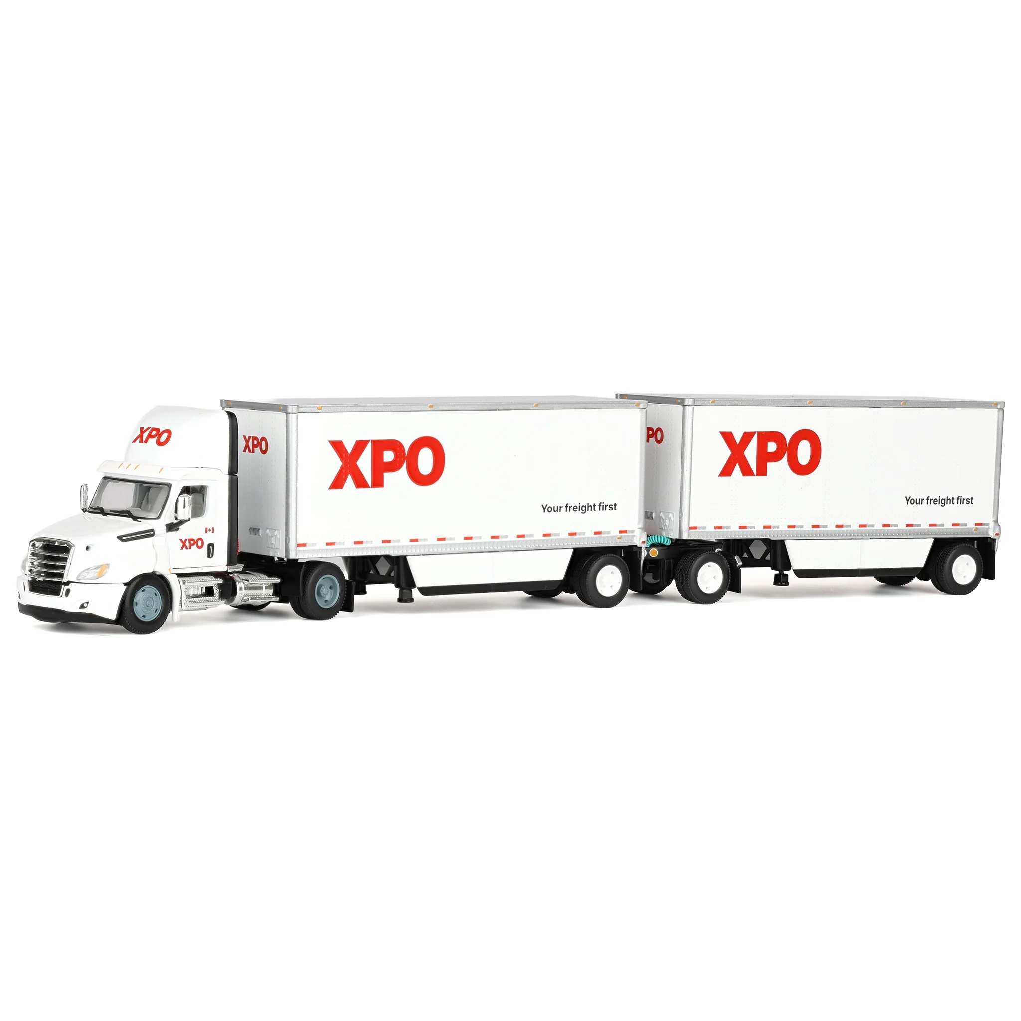 1/64 XPO Freightliner Cascadia Semi Truck with Pup Trailers, Canadian Version, DCP by First Gear