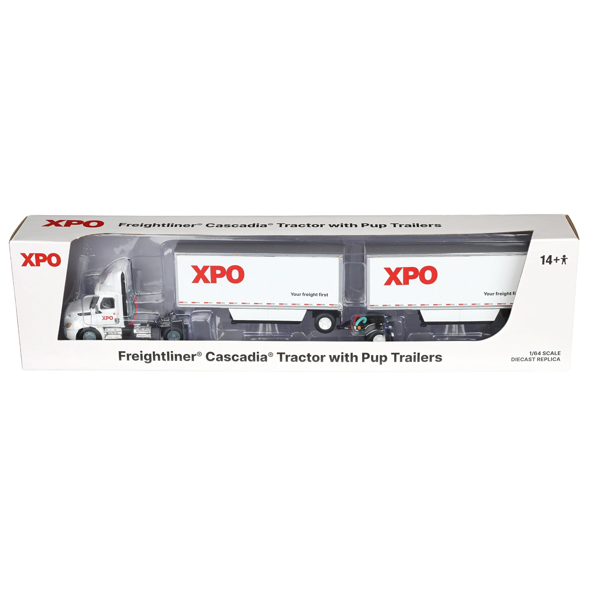 1/64 XPO Freightliner Cascadia Semi Truck with Pup Trailers, Canadian Version, DCP by First Gear - Image 6