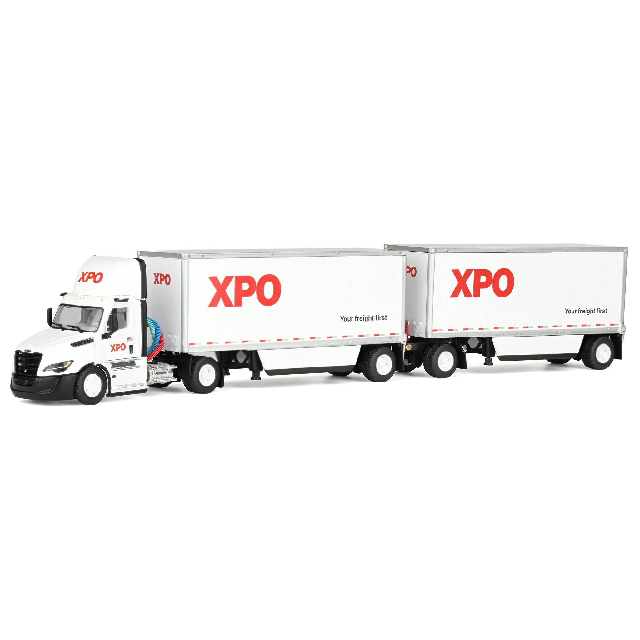 1/64 XPO Freightliner Cascadia Semi Truck with Pup Trailers, USA Version, DCP by First Gear