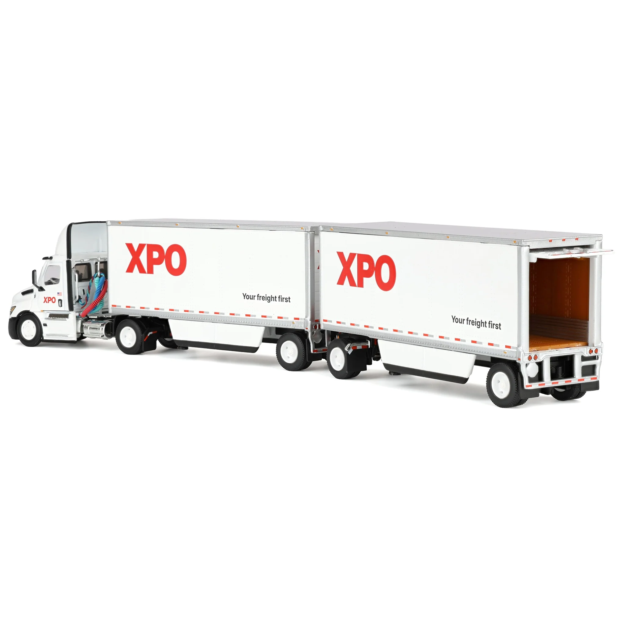 1/64 XPO Freightliner Cascadia Semi Truck with Pup Trailers, USA Version, DCP by First Gear - Image 4