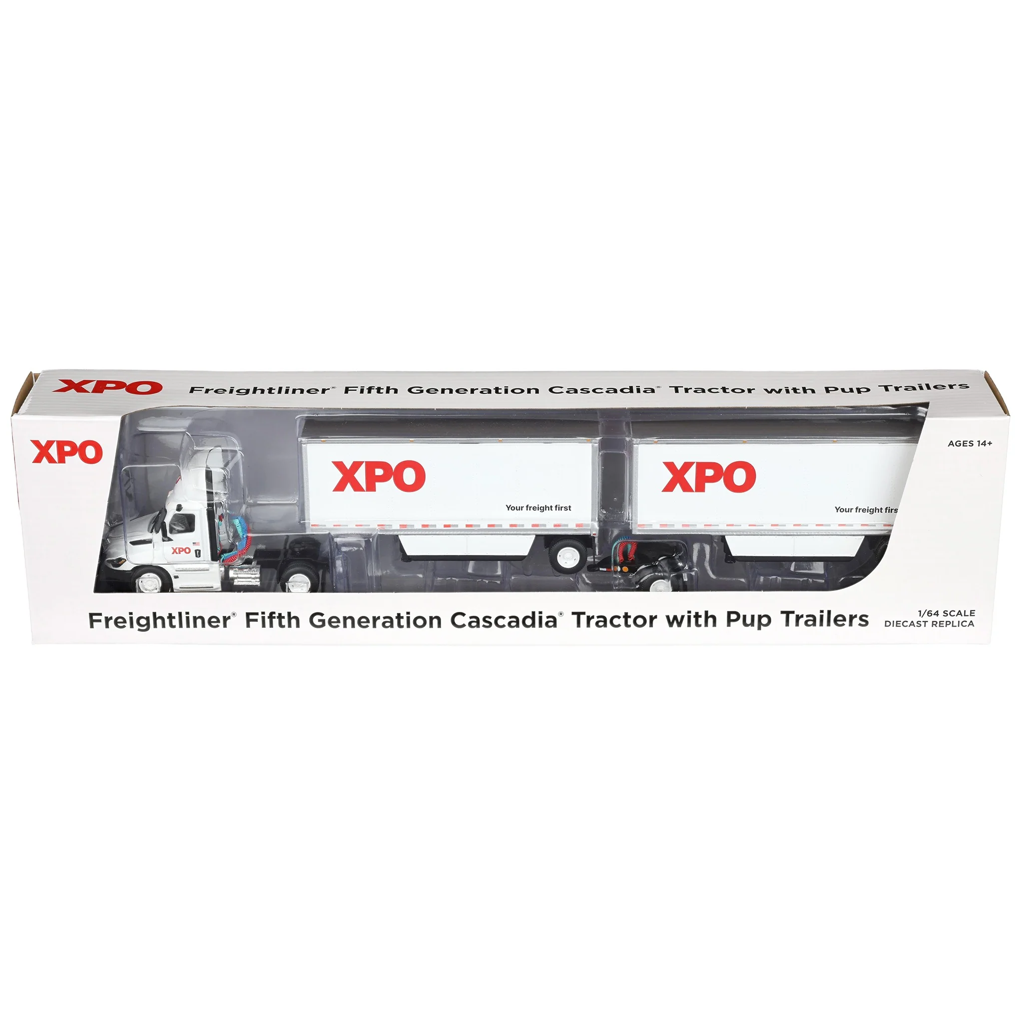 1/64 XPO Freightliner Cascadia Semi Truck with Pup Trailers, USA Version, DCP by First Gear - Image 6