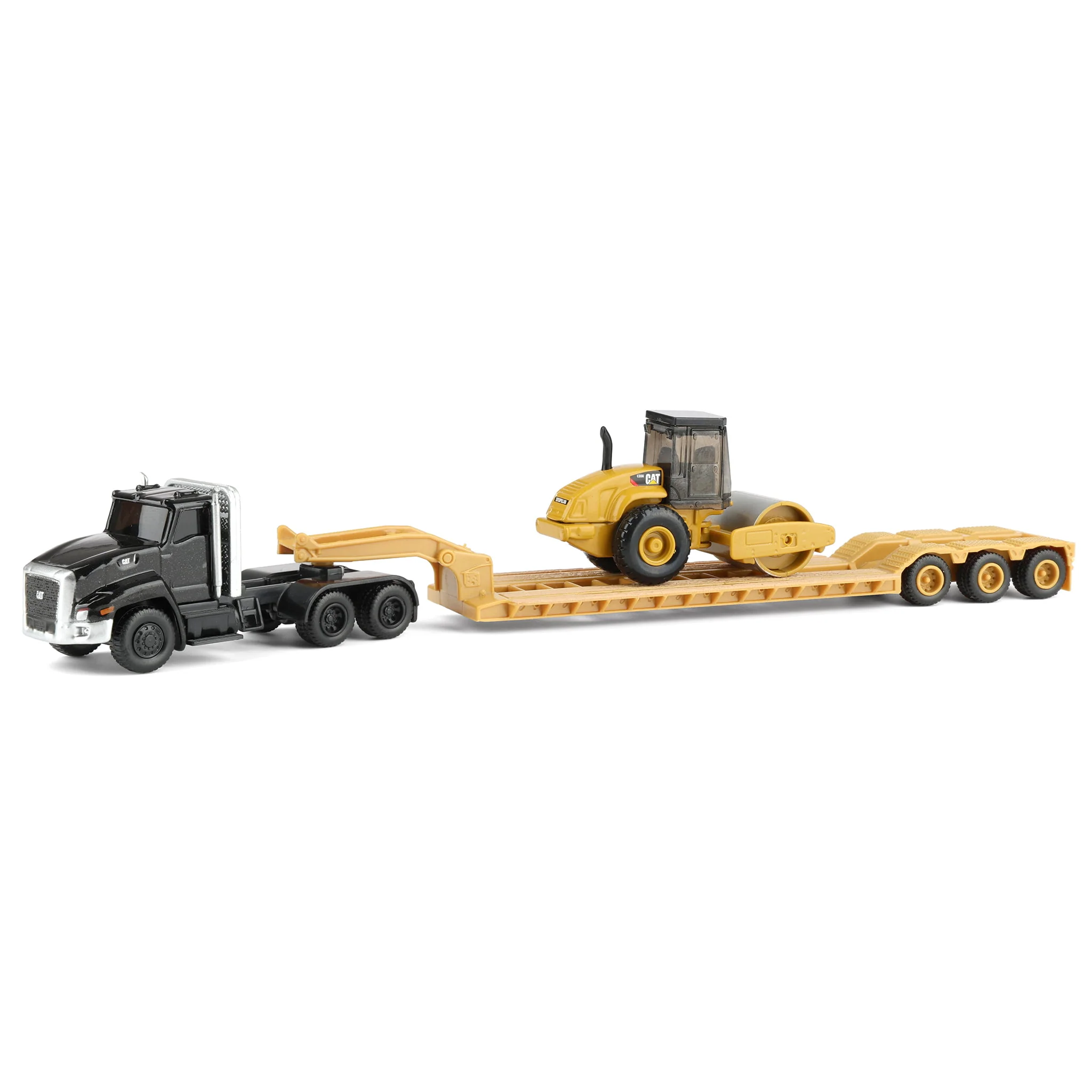 1/87 Black Kenworth T880 Semi Truck with Lowboy Trailer & CAT Roller by Diecast Masters