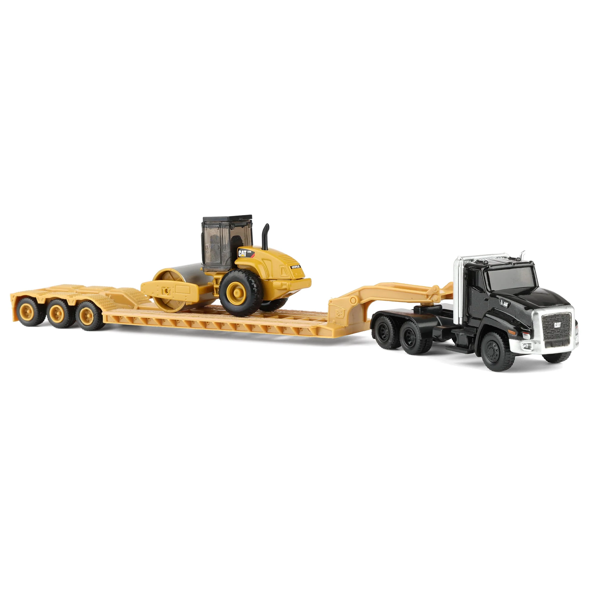 1/87 Black Kenworth T880 Semi Truck with Lowboy Trailer & CAT Roller by Diecast Masters - Image 2