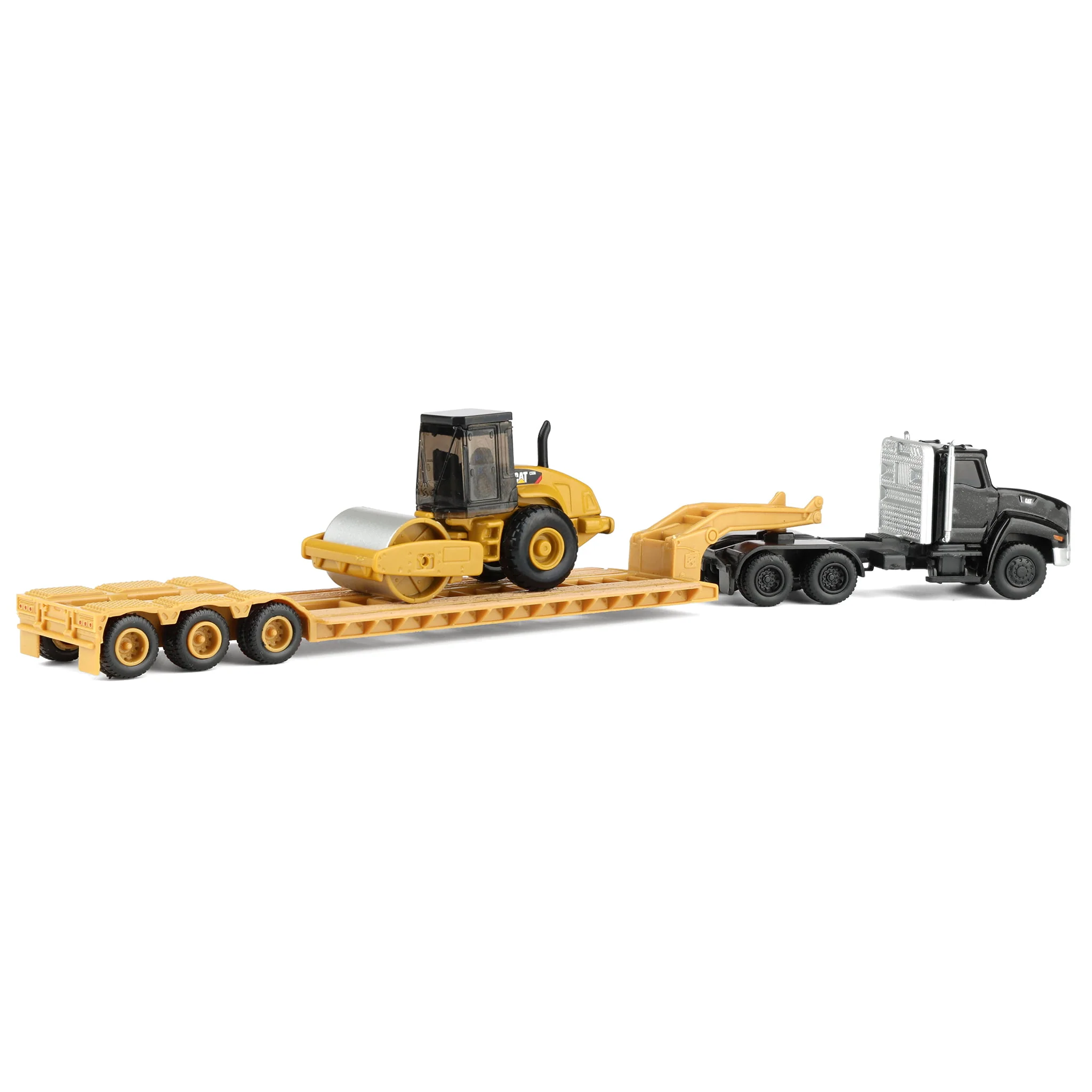 1/87 Black Kenworth T880 Semi Truck with Lowboy Trailer & CAT Roller by Diecast Masters - Image 3