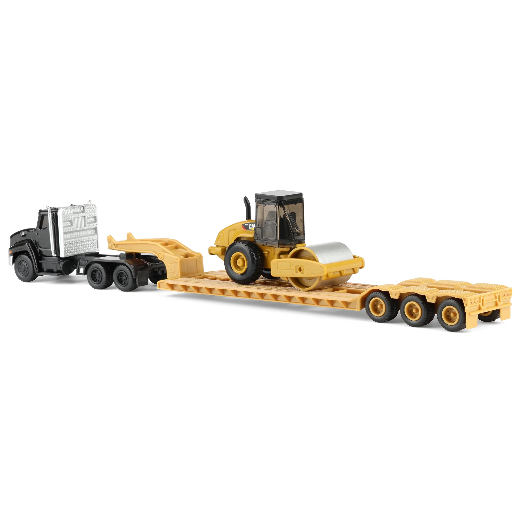 1/87 Black Kenworth T880 Semi Truck with Lowboy Trailer & CAT Roller by Diecast Masters - Image 4