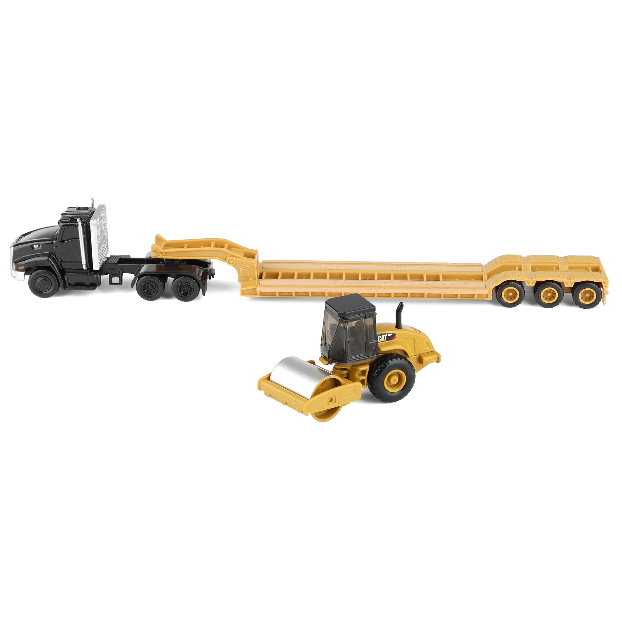 1/87 Black Kenworth T880 Semi Truck with Lowboy Trailer & CAT Roller by Diecast Masters - Image 5