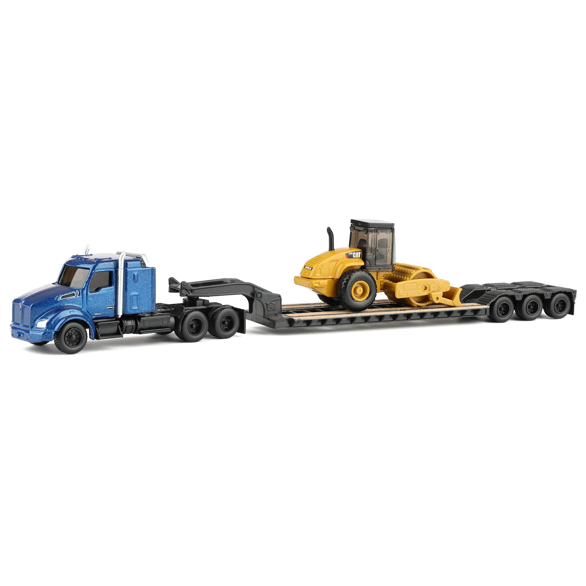1/87 Blue Kenworth T880 Semi Truck with Lowboy Trailer & CAT Padfoot Roller by Diecast Masters