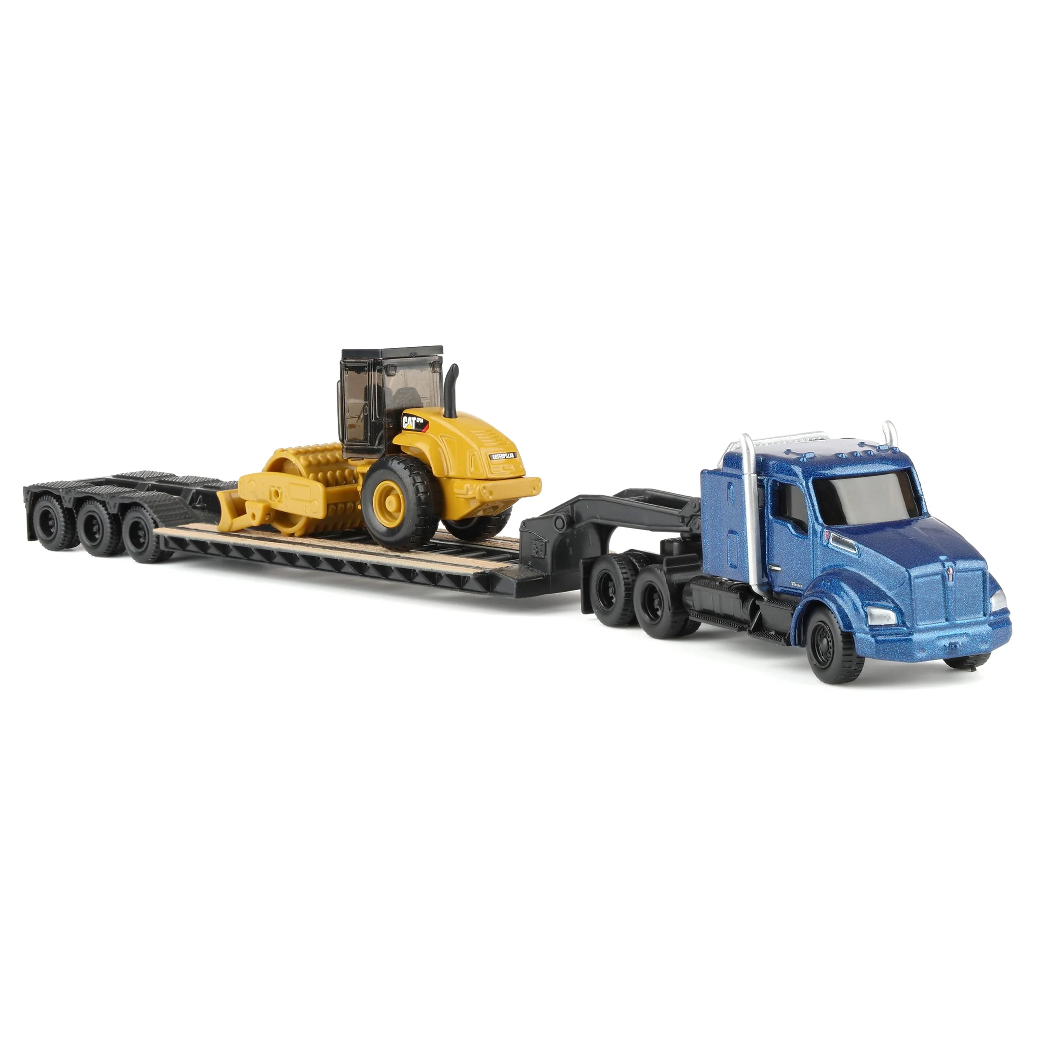 1/87 Blue Kenworth T880 Semi Truck with Lowboy Trailer & CAT Padfoot Roller by Diecast Masters - Image 2
