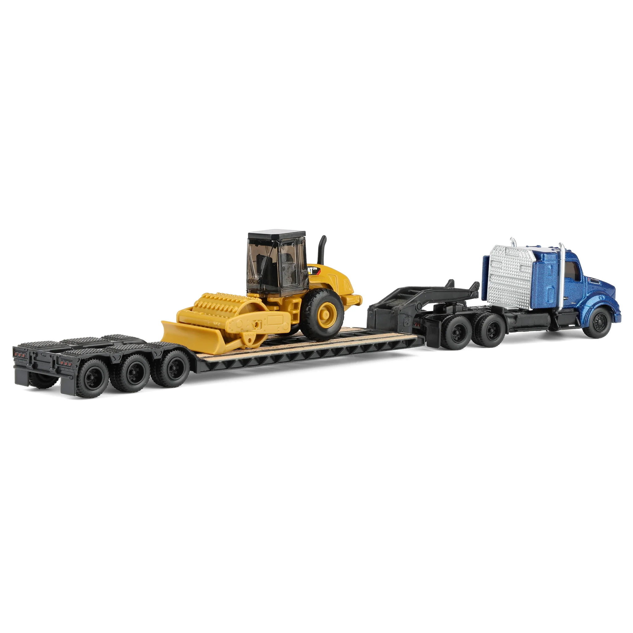 1/87 Blue Kenworth T880 Semi Truck with Lowboy Trailer & CAT Padfoot Roller by Diecast Masters - Image 3