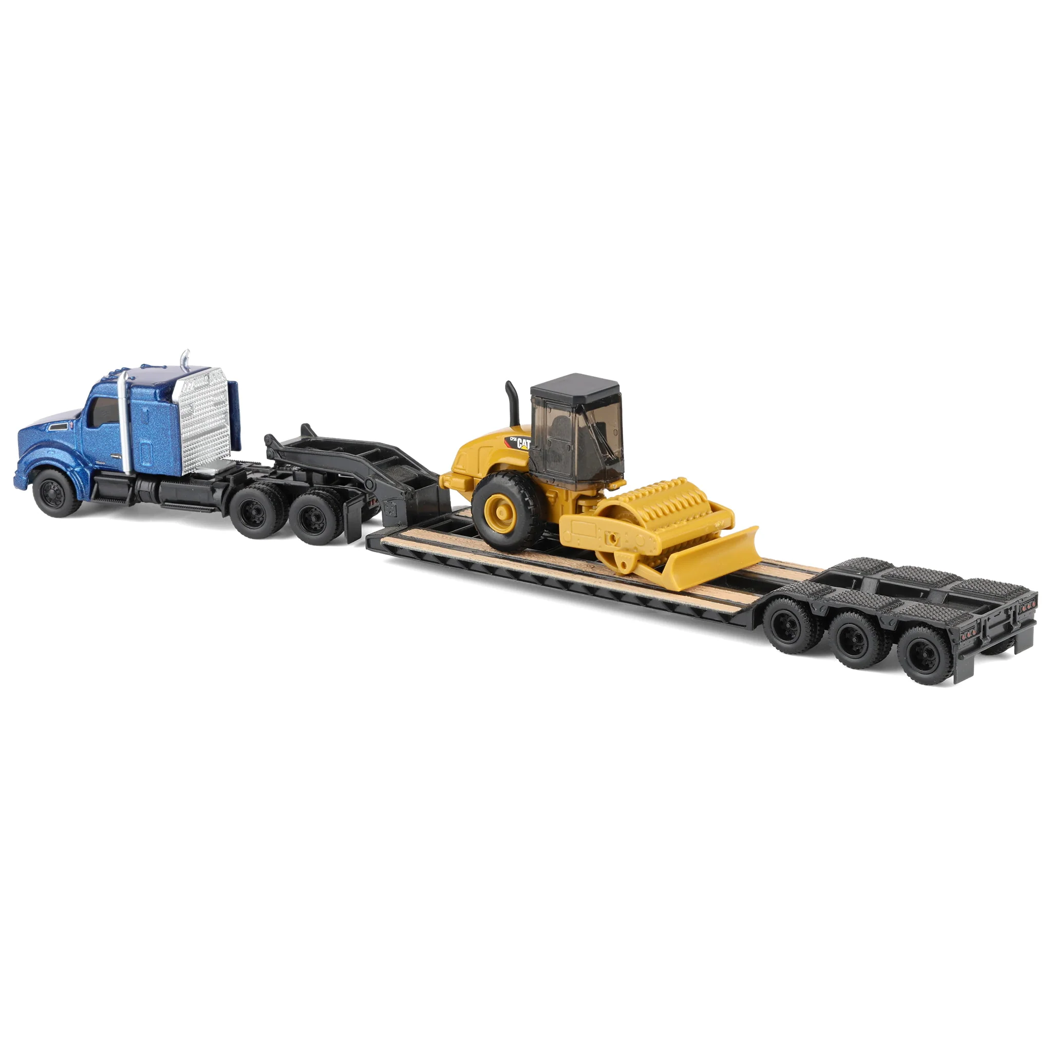 1/87 Blue Kenworth T880 Semi Truck with Lowboy Trailer & CAT Padfoot Roller by Diecast Masters - Image 4