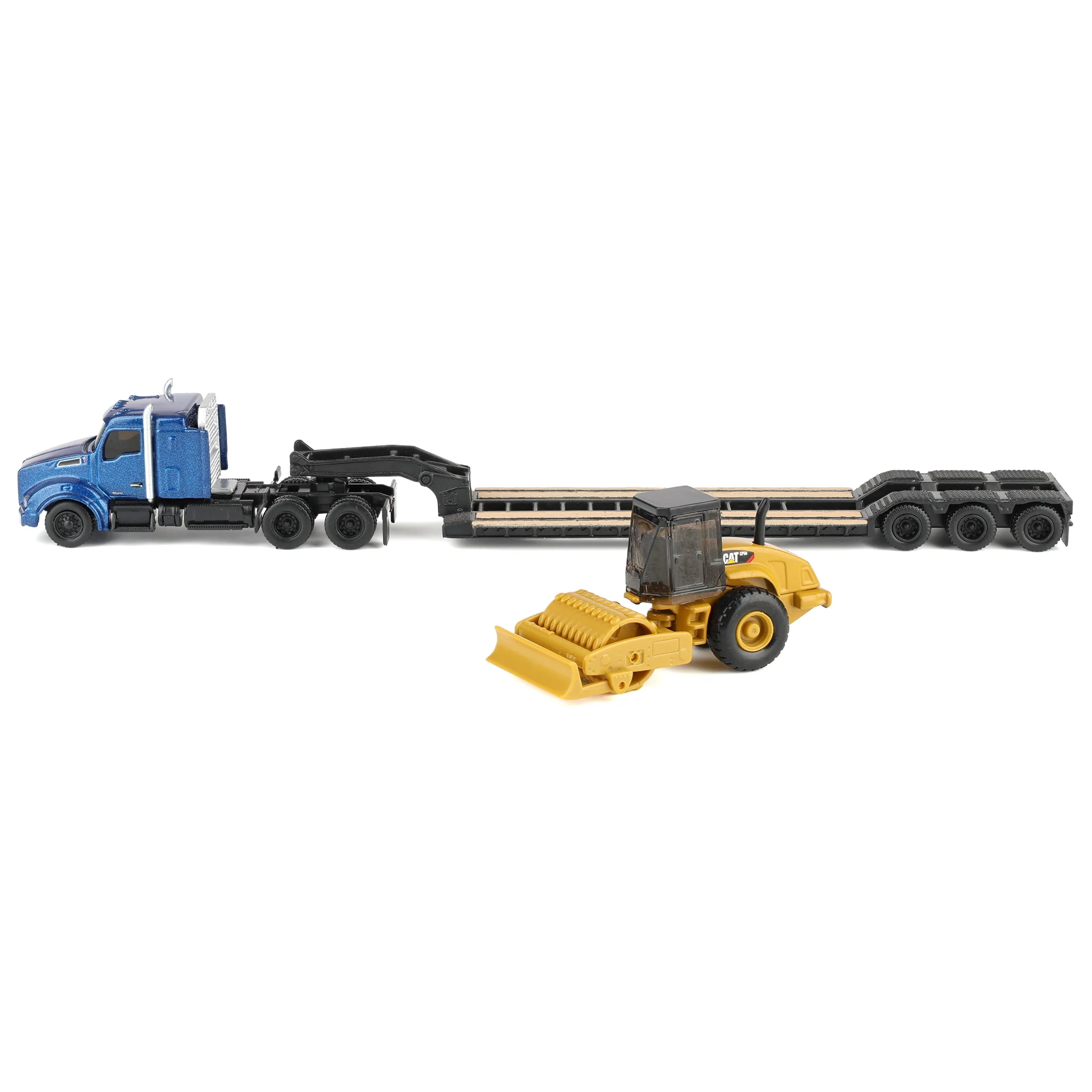 1/87 Blue Kenworth T880 Semi Truck with Lowboy Trailer & CAT Padfoot Roller by Diecast Masters - Image 5