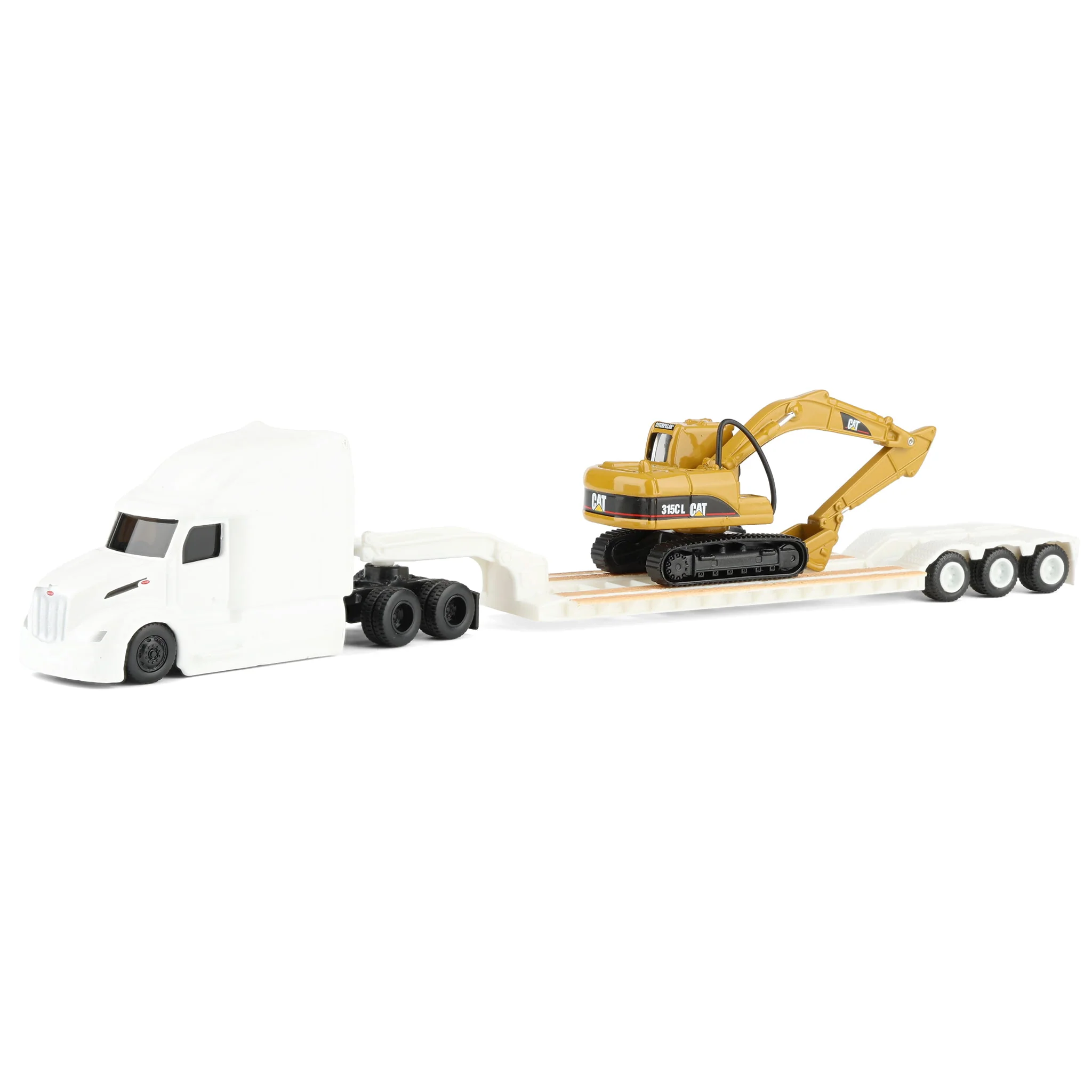 1/87 White Peterbilt 579 Semi Truck with Lowboy Trailer & CAT 315C Excavator by Diecast Masters