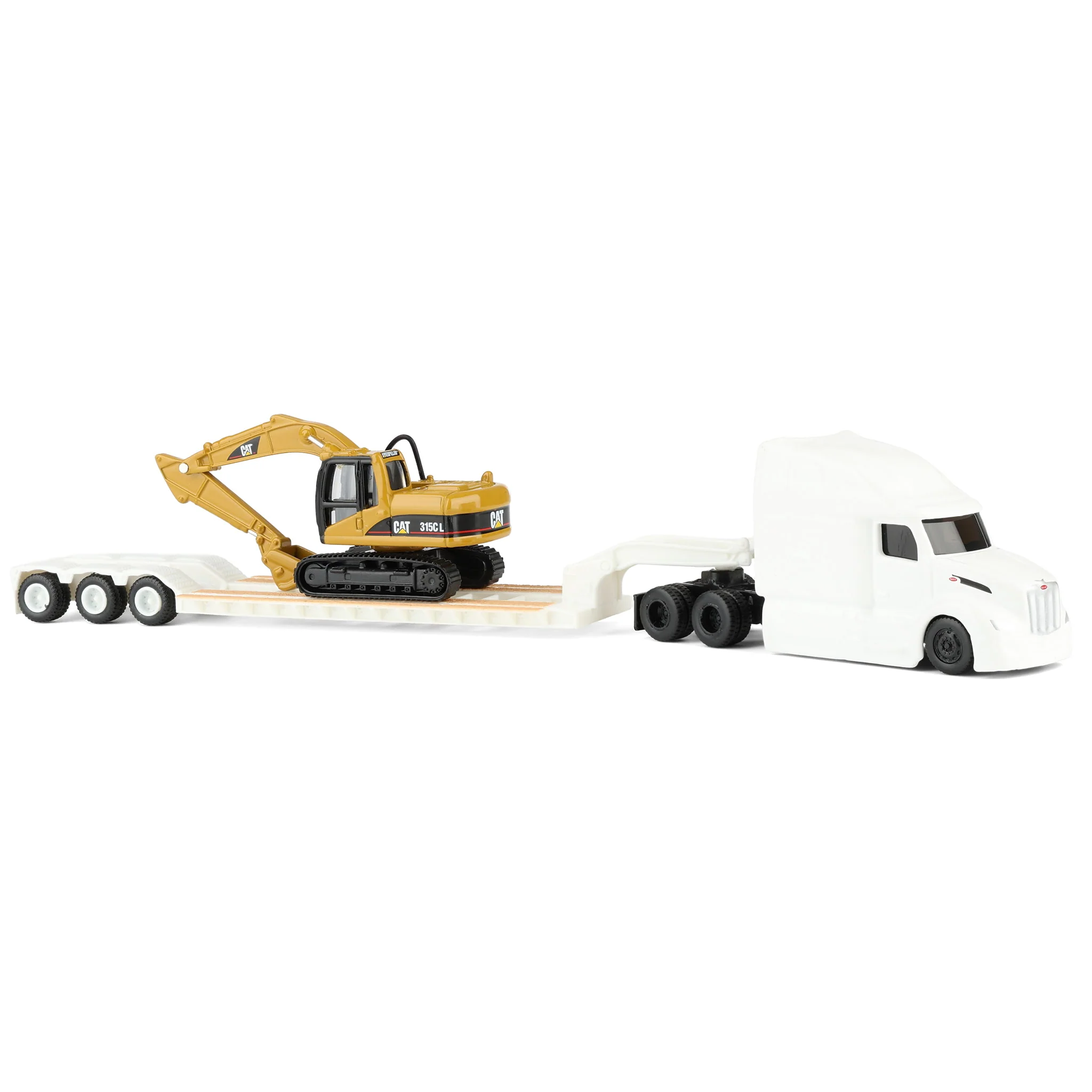 1/87 White Peterbilt 579 Semi Truck with Lowboy Trailer & CAT 315C Excavator by Diecast Masters - Image 2