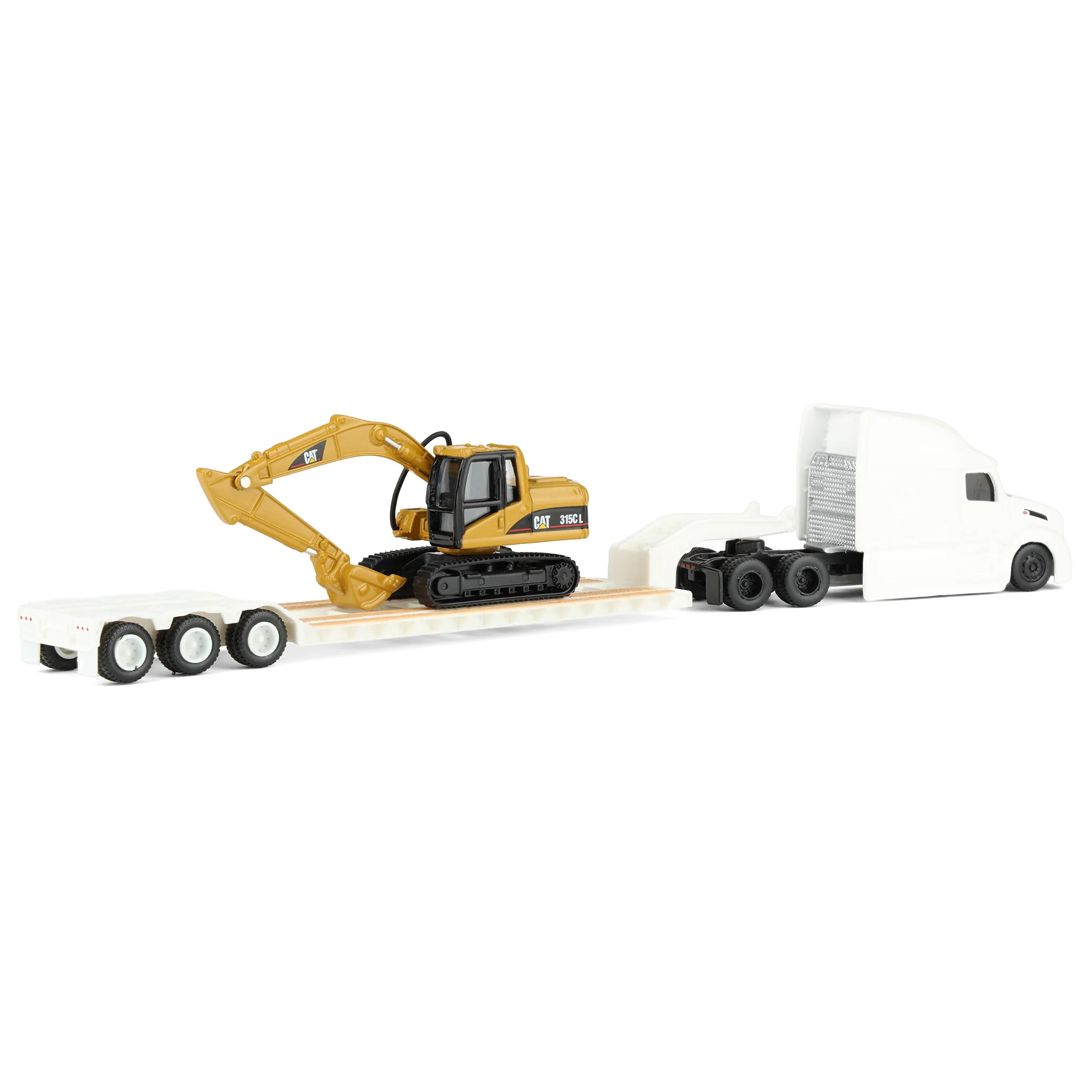 1/87 White Peterbilt 579 Semi Truck with Lowboy Trailer & CAT 315C Excavator by Diecast Masters - Image 3