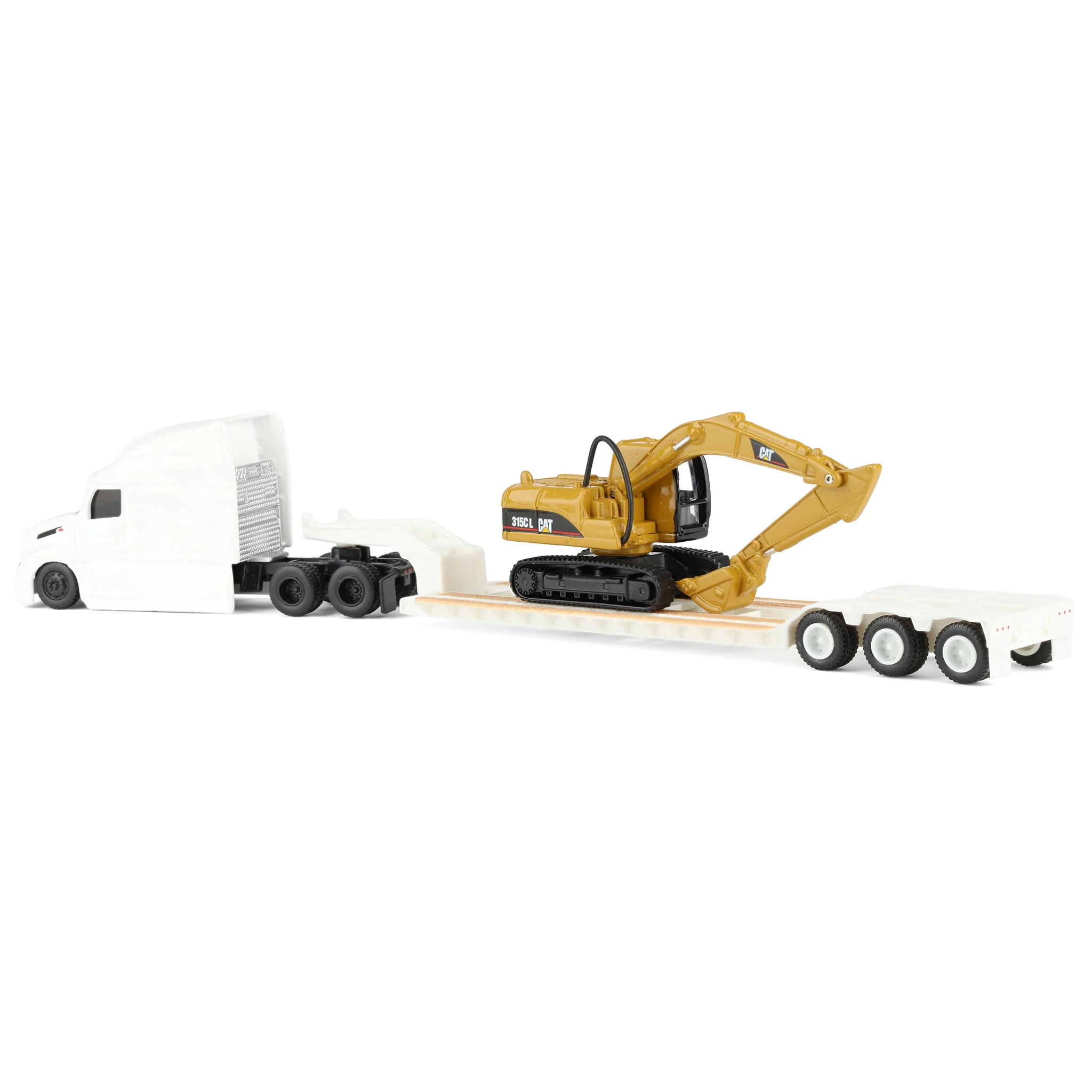 1/87 White Peterbilt 579 Semi Truck with Lowboy Trailer & CAT 315C Excavator by Diecast Masters - Image 4