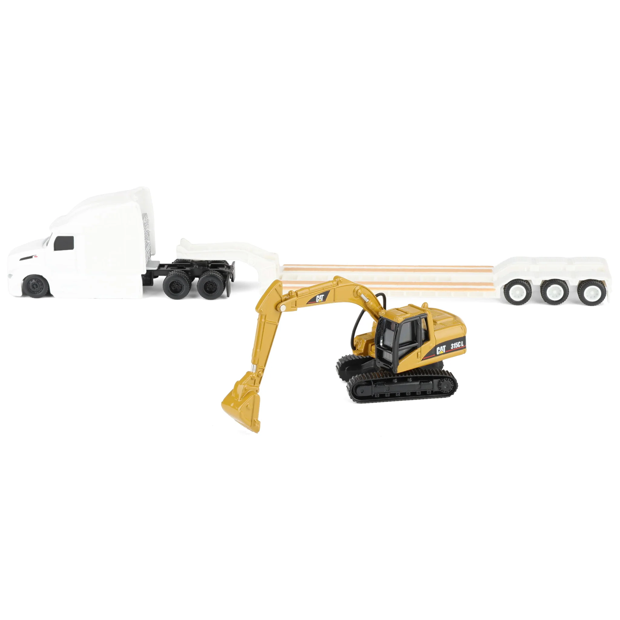 1/87 White Peterbilt 579 Semi Truck with Lowboy Trailer & CAT 315C Excavator by Diecast Masters - Image 5