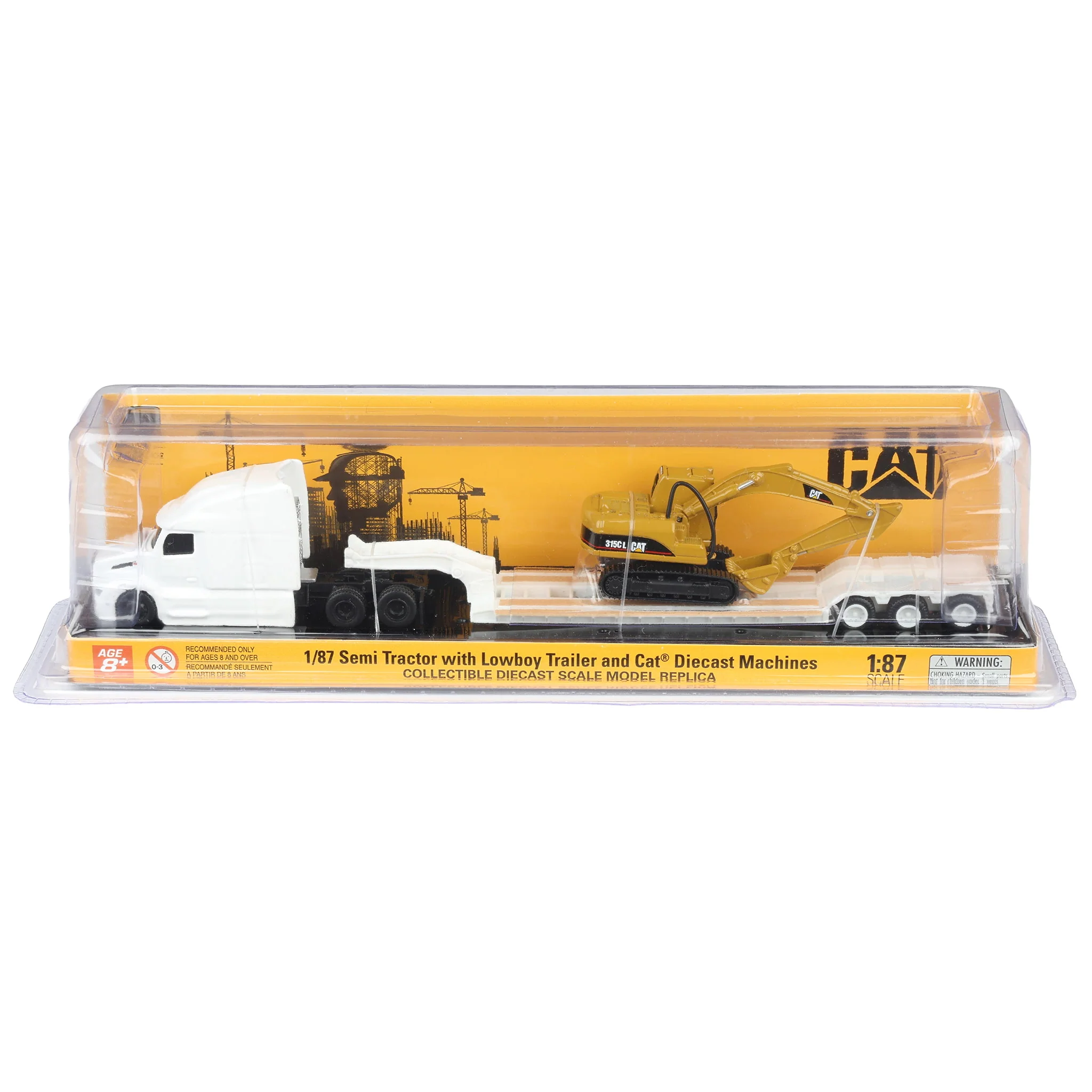 1/87 White Peterbilt 579 Semi Truck with Lowboy Trailer & CAT 315C Excavator by Diecast Masters - Image 6