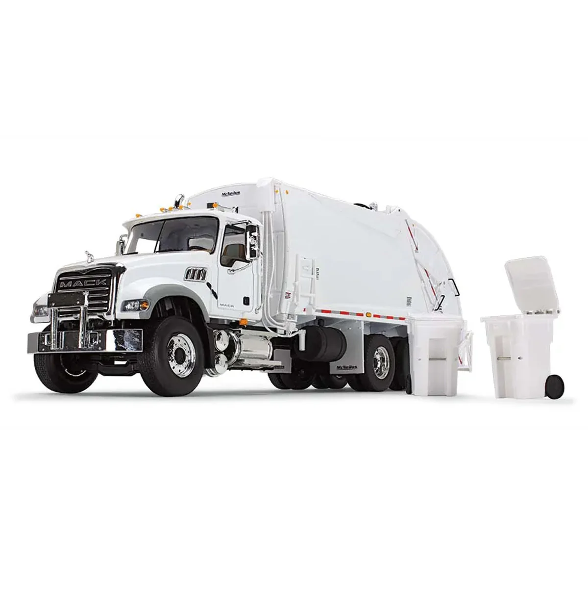 (B&D) 1/34 White Mack Granite MP Refuse Truck with McNeilus Rear Loader & Trash Cans - Damaged Box