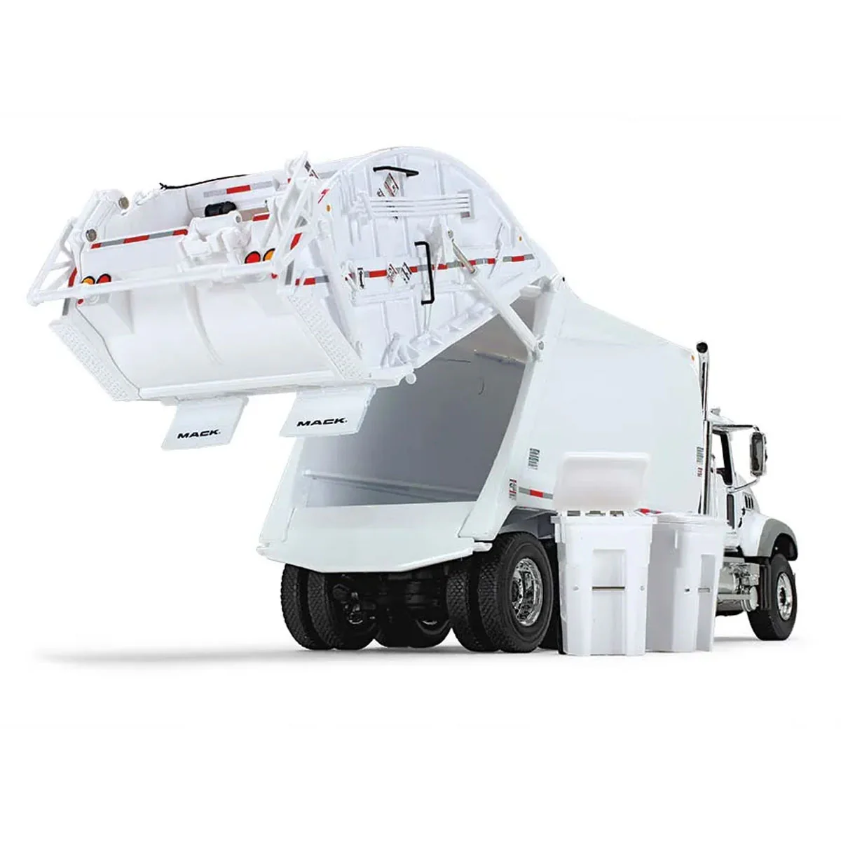 (B&D) 1/34 White Mack Granite MP Refuse Truck with McNeilus Rear Loader & Trash Cans - Damaged Box - Image 4