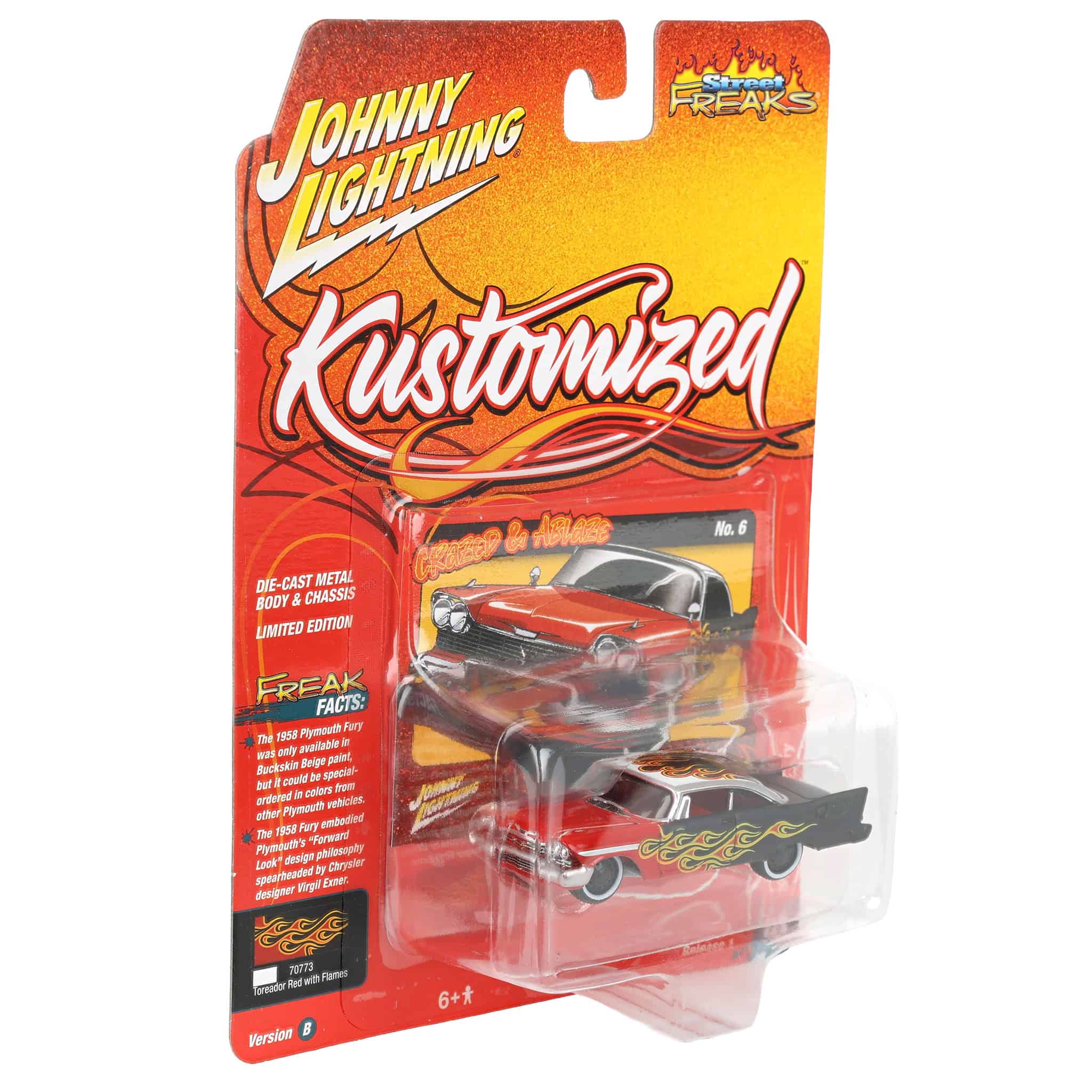 (B&D) 1/64 1958 Plymouth Fury with Flames, Johnny Lightning Kustomized- Damaged box - Image 2
