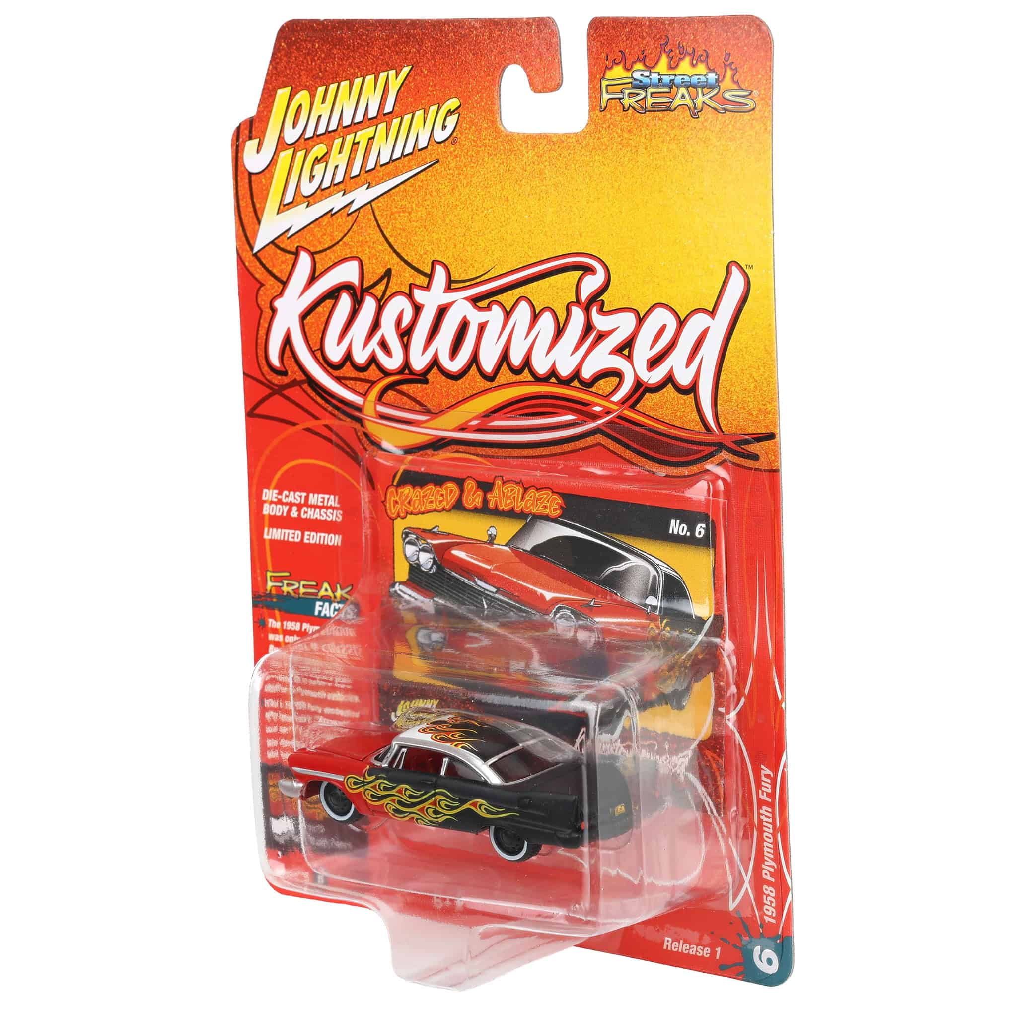 (B&D) 1/64 1958 Plymouth Fury with Flames, Johnny Lightning Kustomized- Damaged box - Image 3