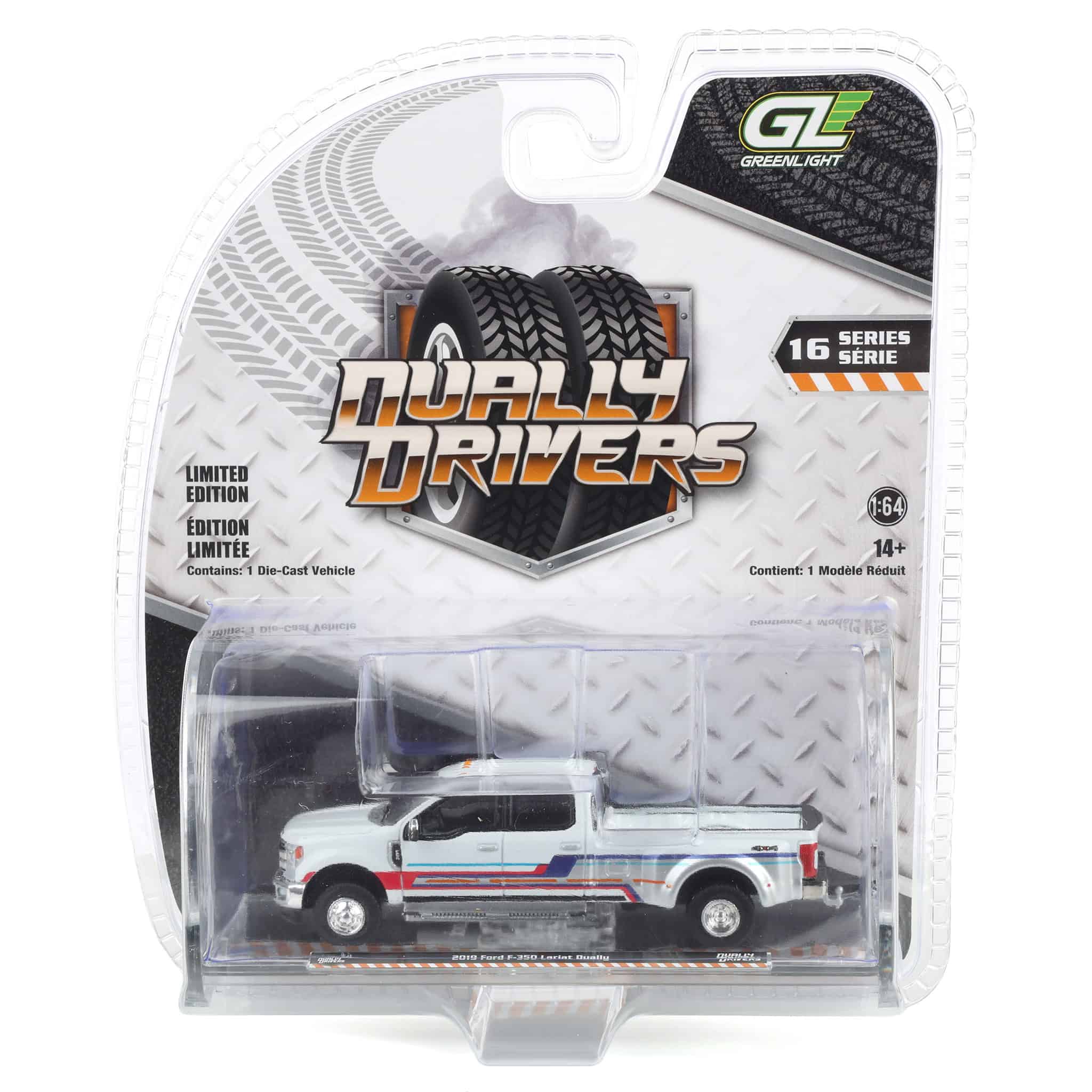 (B&D) 1/64 2019 Ford F-350 Lariat Dually, White with Custom Stripes, Dually Drivers Series 16 - Damaged Box - Image 7