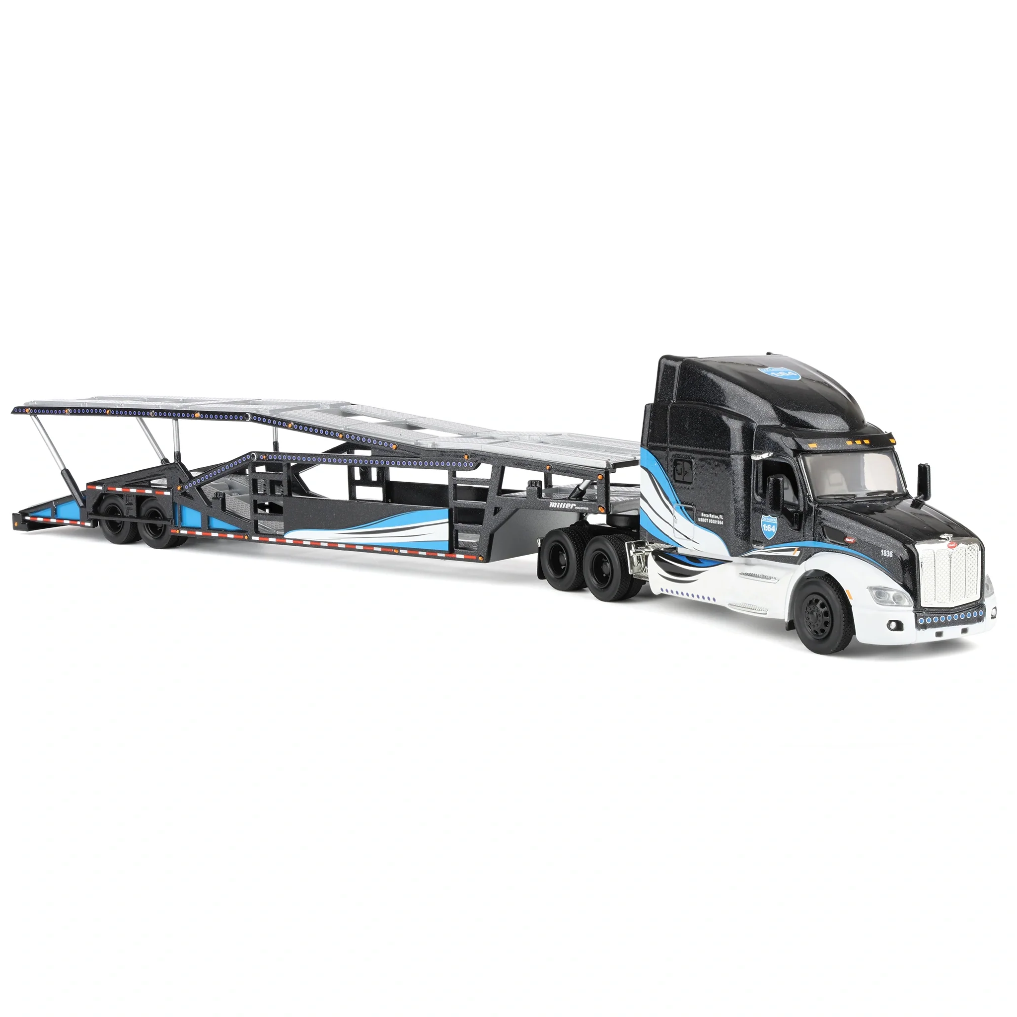 (B&D) 1/64 Peterbilt 579 Semi Truck with Car Hauler Trailer by Iconic Replicas, Black/Blue/White Damaged Box - Image 2