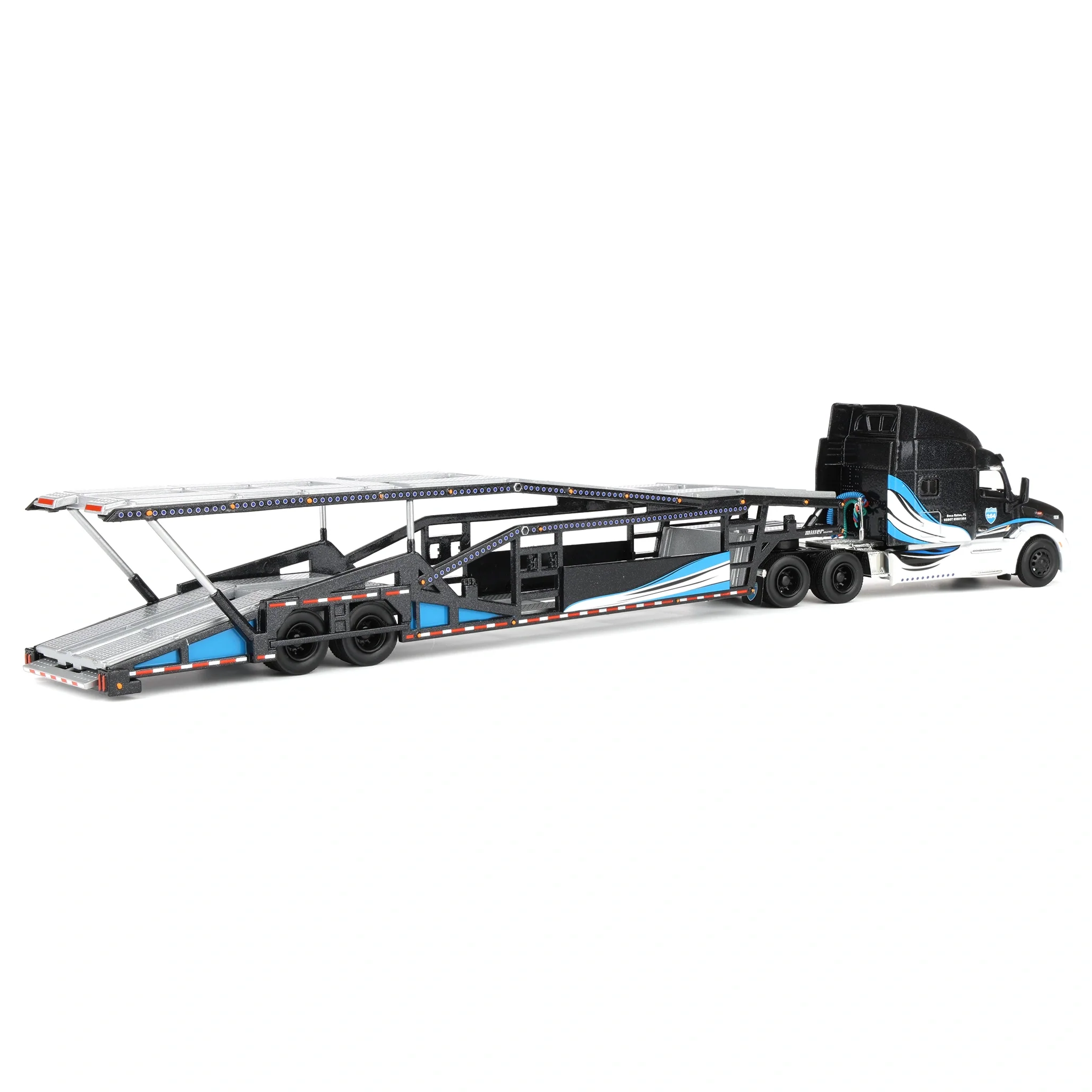 (B&D) 1/64 Peterbilt 579 Semi Truck with Car Hauler Trailer by Iconic Replicas, Black/Blue/White Damaged Box - Image 3