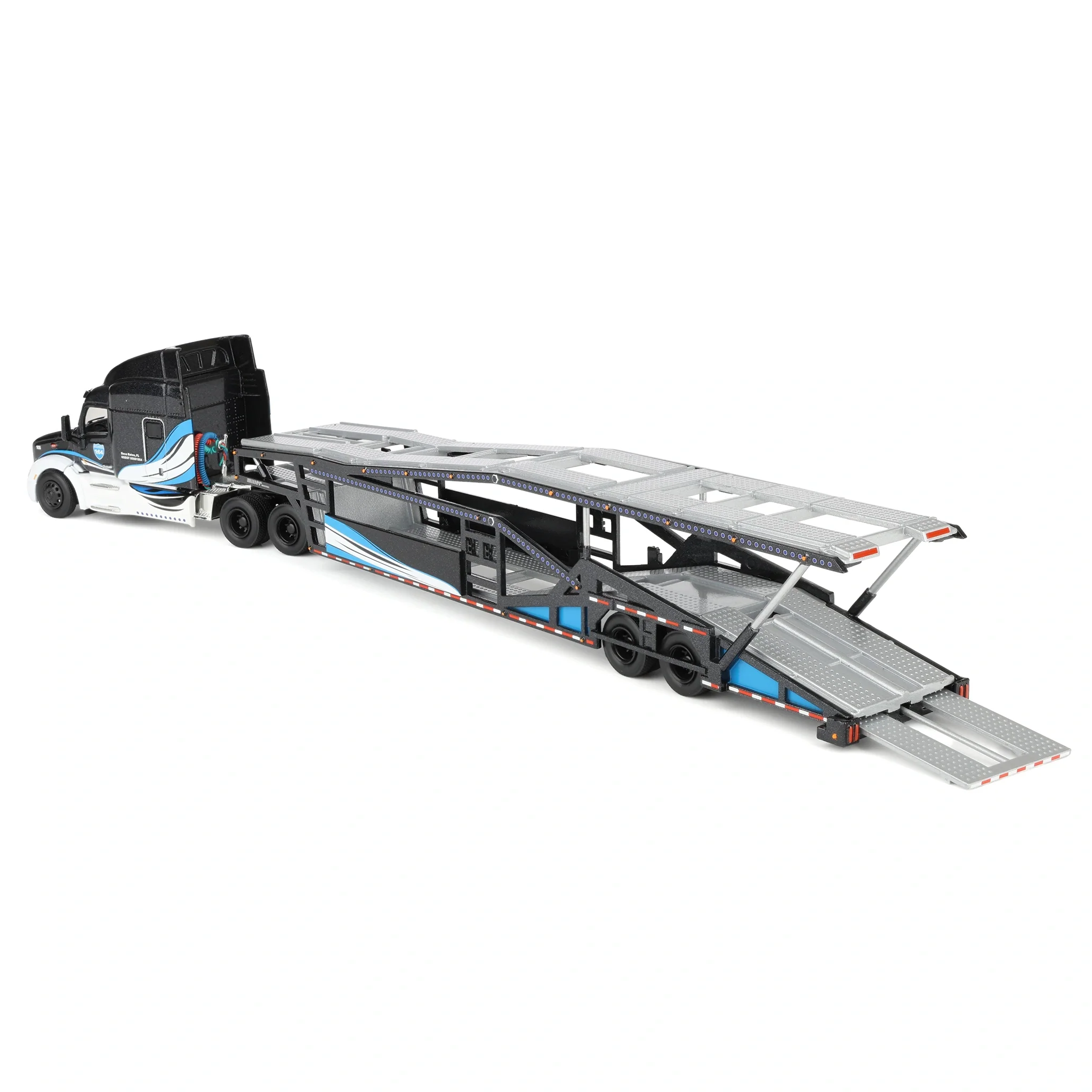 (B&D) 1/64 Peterbilt 579 Semi Truck with Car Hauler Trailer by Iconic Replicas, Black/Blue/White Damaged Box - Image 4