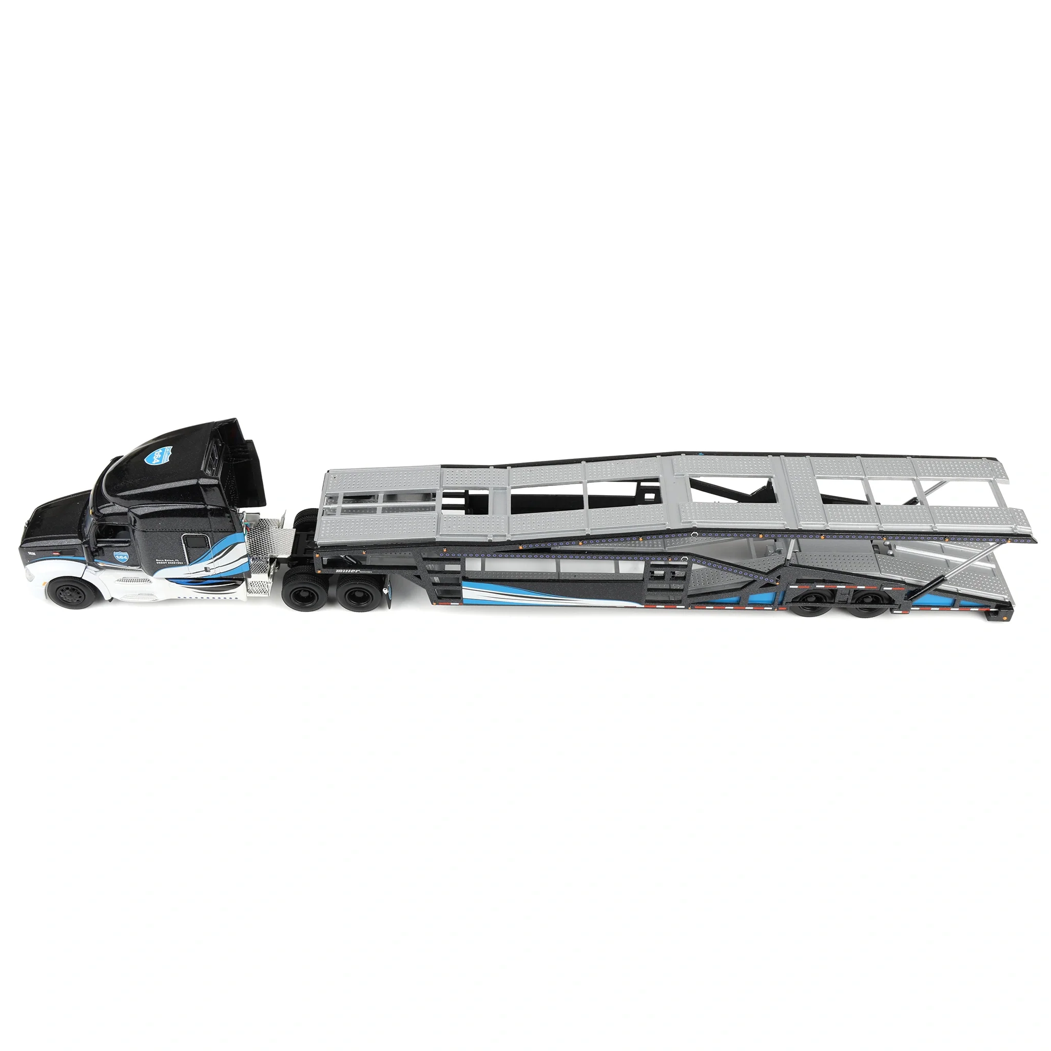 (B&D) 1/64 Peterbilt 579 Semi Truck with Car Hauler Trailer by Iconic Replicas, Black/Blue/White Damaged Box - Image 5