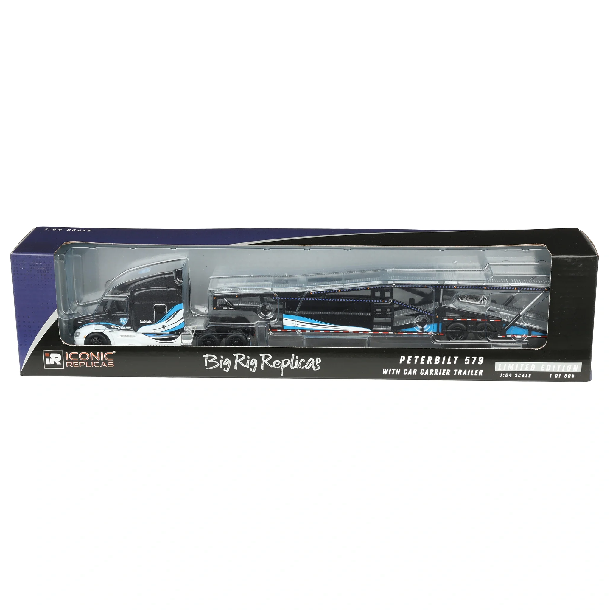 (B&D) 1/64 Peterbilt 579 Semi Truck with Car Hauler Trailer by Iconic Replicas, Black/Blue/White Damaged Box - Image 6